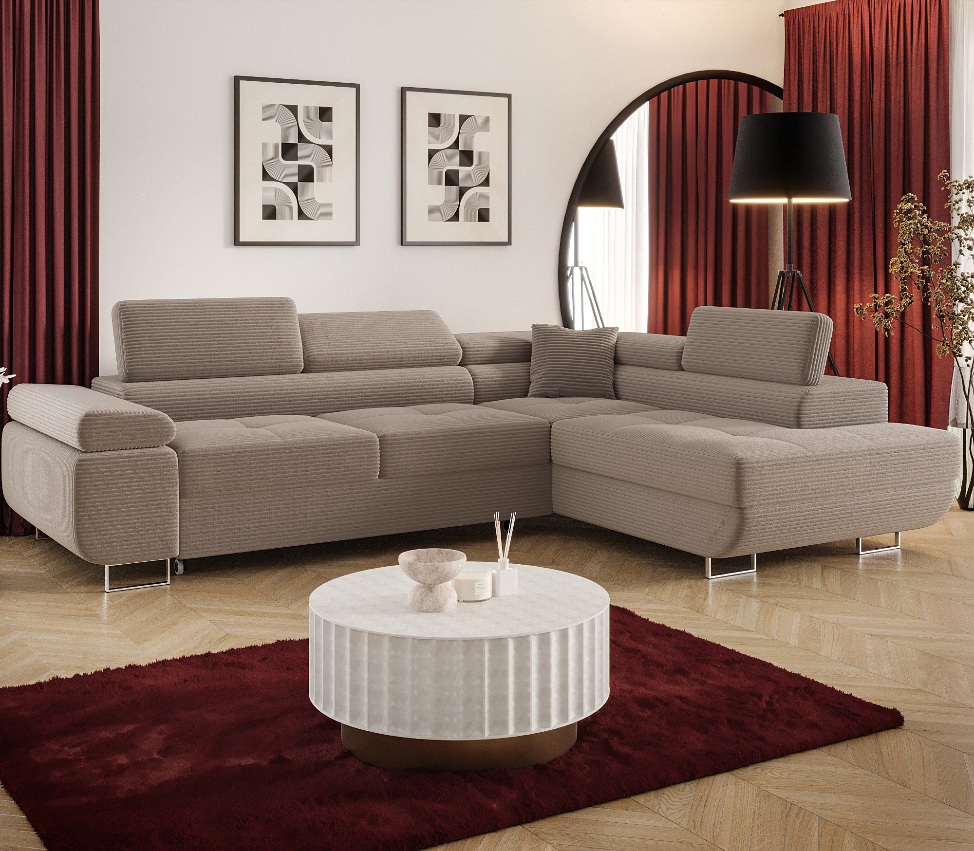 Aranżacja wnętrza z sofą w kolorze beżowym Tavesso 4X