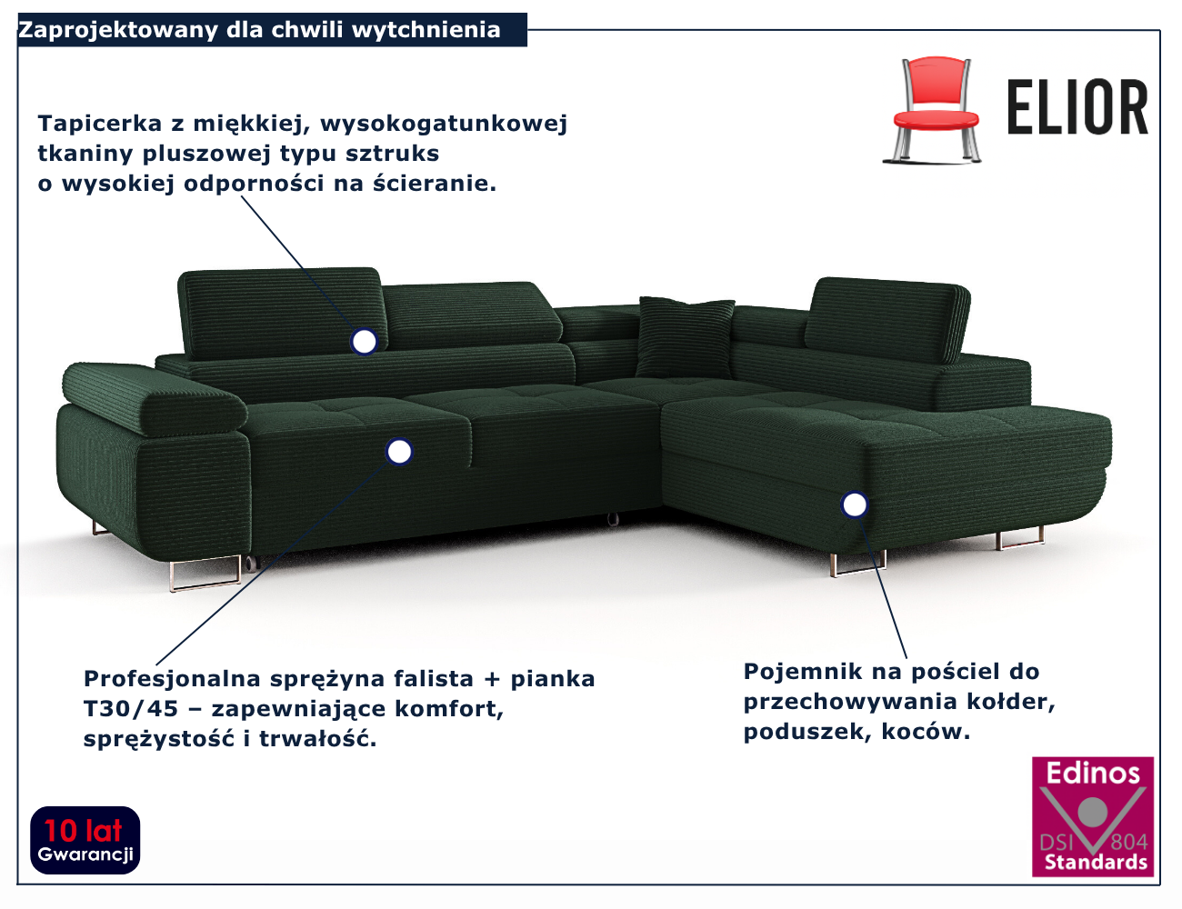 Zielony narożnik rozkładany w kształcie litery L Tavesso 4X