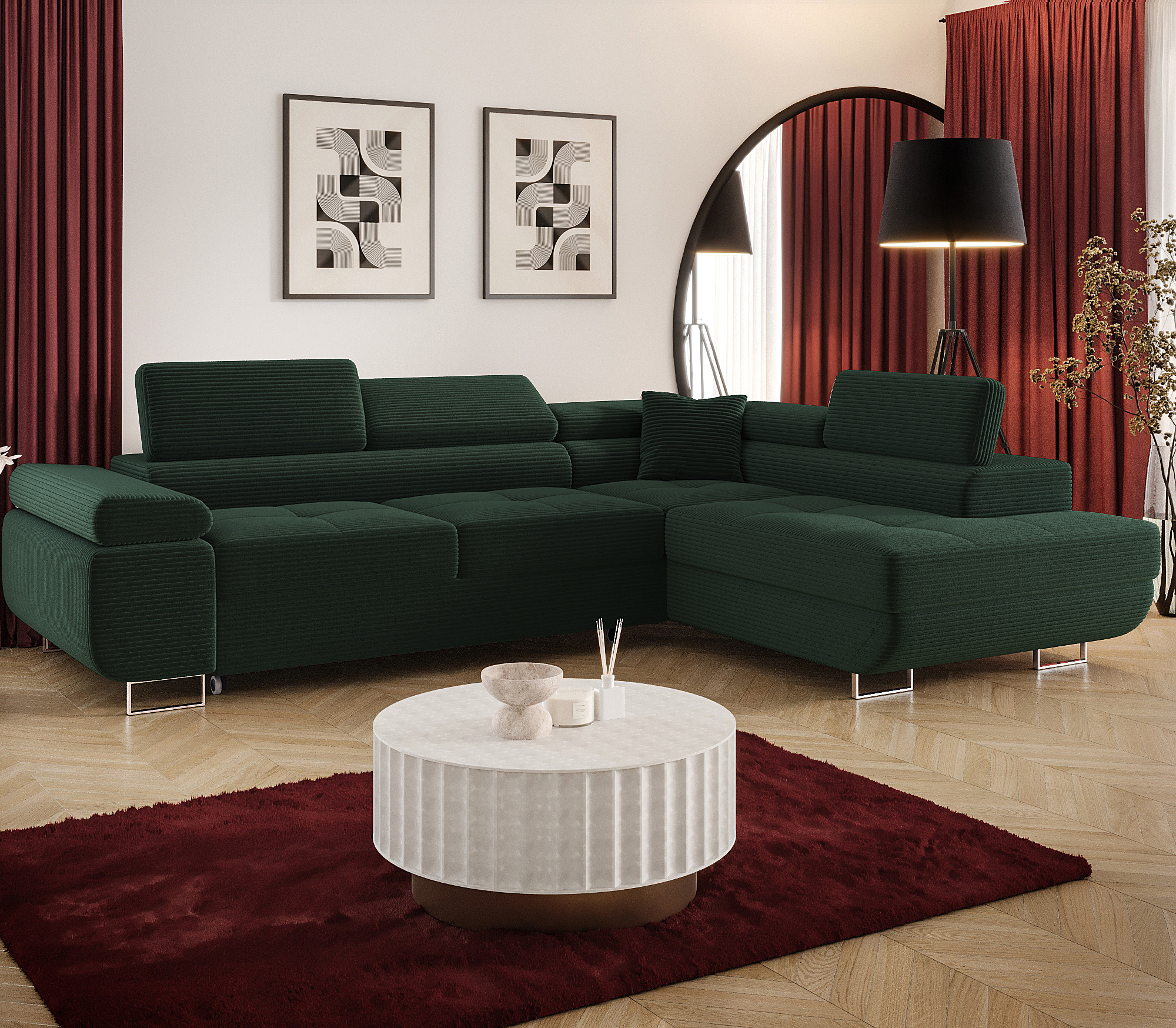 Aranżacja wnętrza z sofą w kolorze zielony Tavesso 4X
