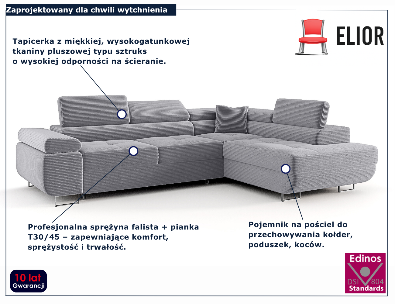 Szary narożnik rozkładany w kształcie litery L Tavesso 4X