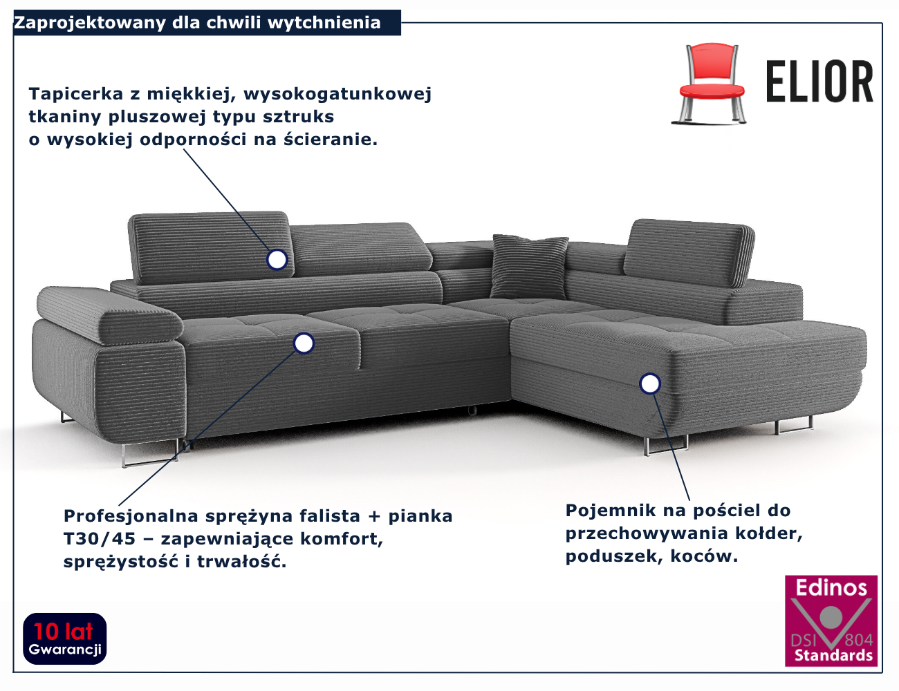 Ciemnoszary narożnik rozkładany w kształcie litery L Tavesso 4X