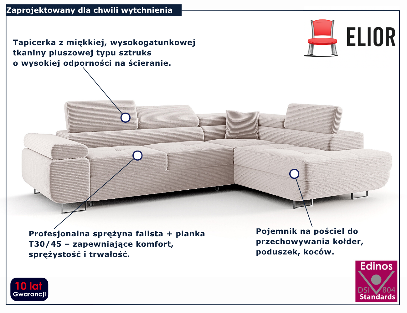 Kremowy narożnik rozkładany w kształcie litery L Tavesso 4X