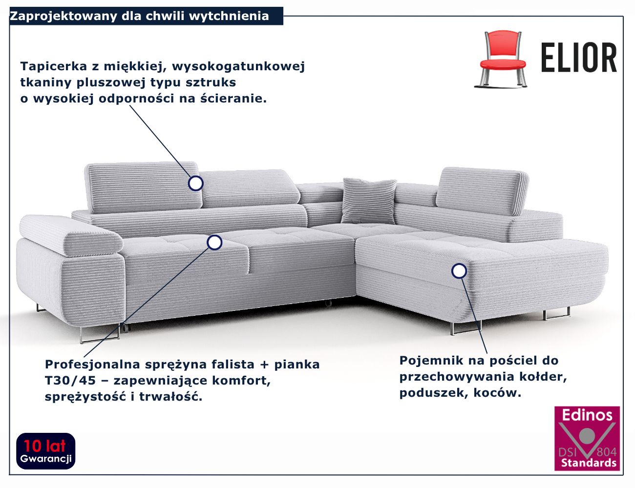 Jasnoszary narożnik rozkładany w kształcie litery L Tavesso 4X