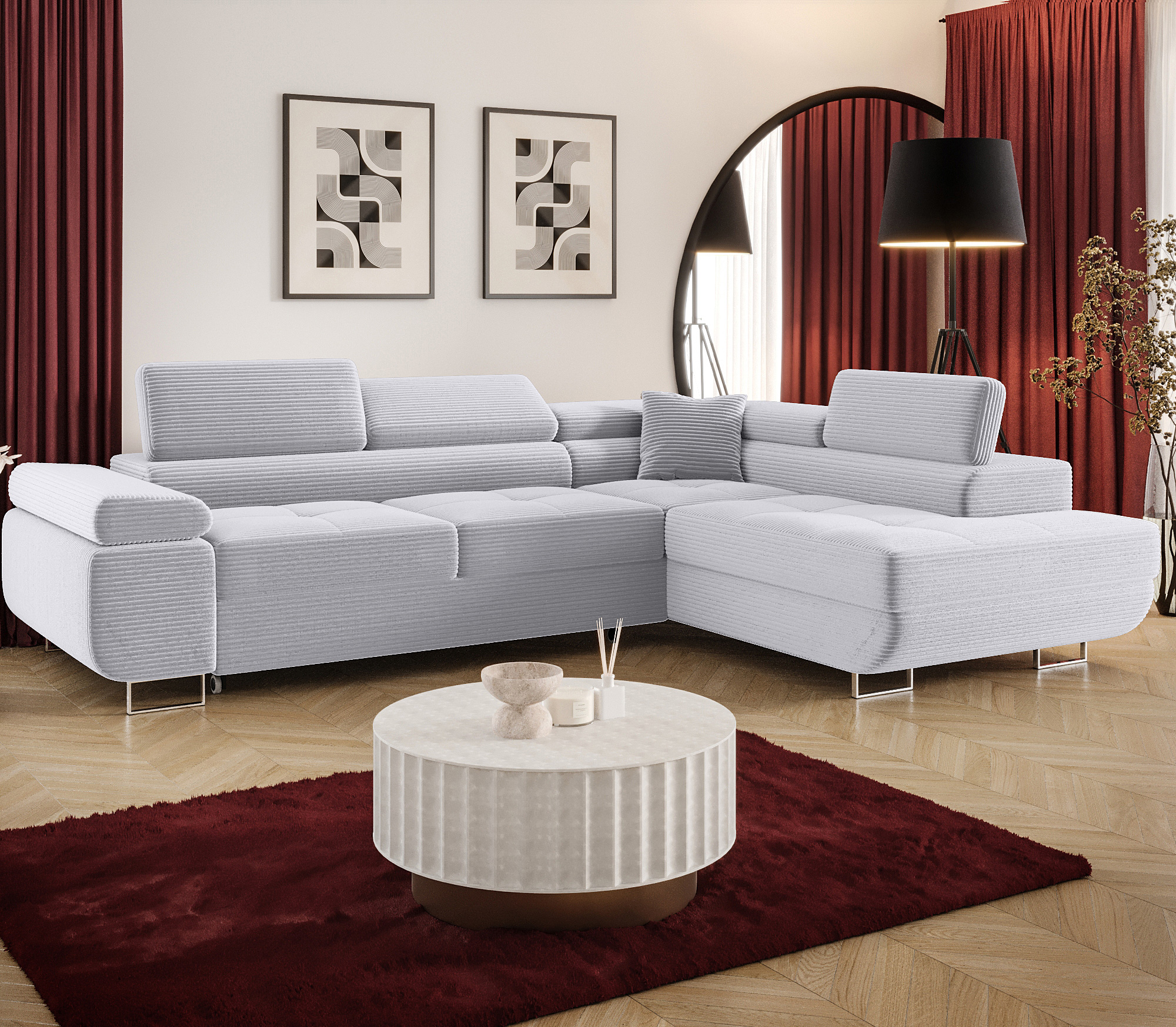 Aranżacja wnętrza z sofą w kolorze jasnoszarym Tavesso 4X