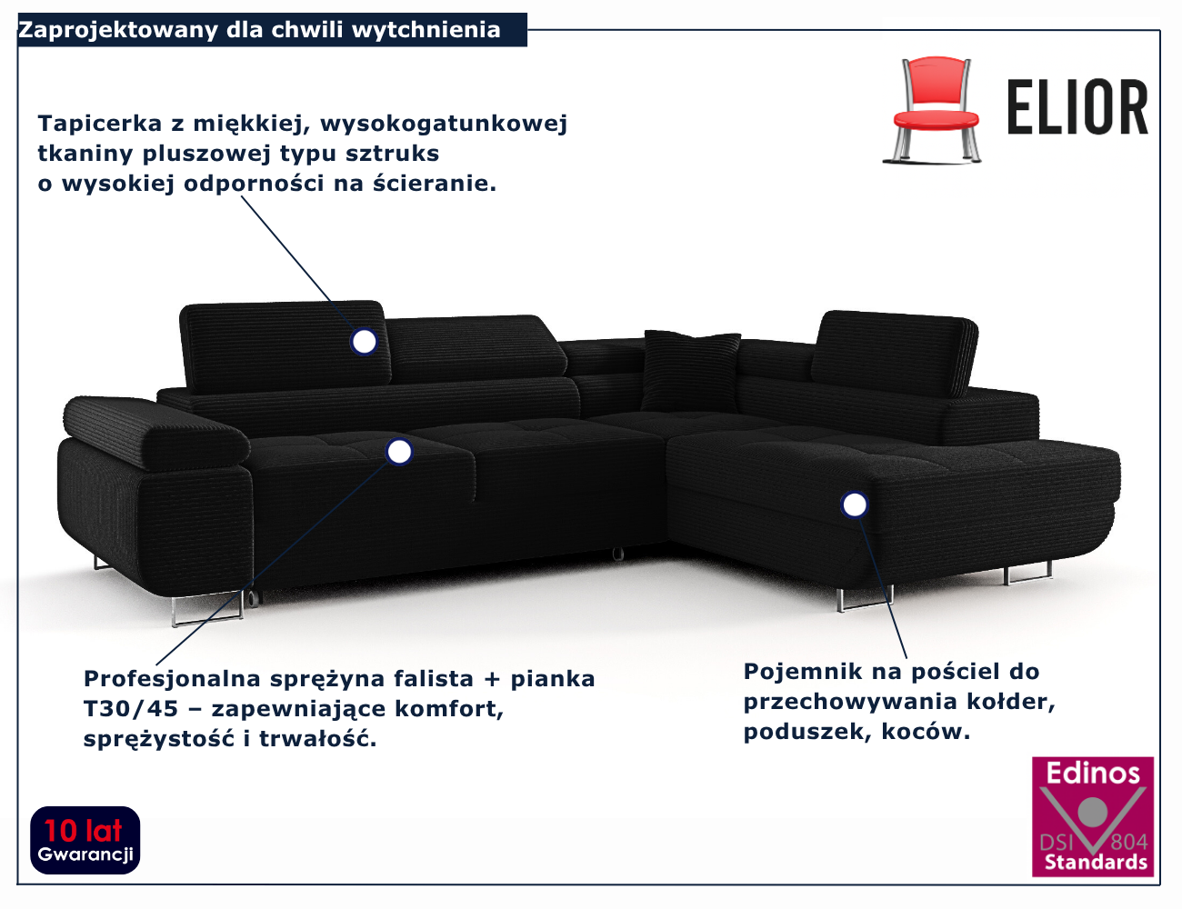 Czarny narożnik rozkładany w kształcie litery L Tavesso 4X