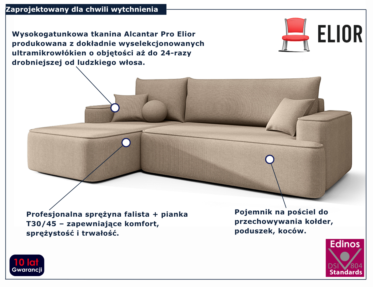Beżowy narożnik rozkładany w kształcie litery L Laremo 3X
