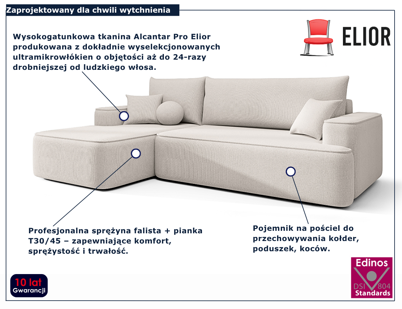 Kremowy narożnik rozkładany w kształcie litery L Laremo 3X