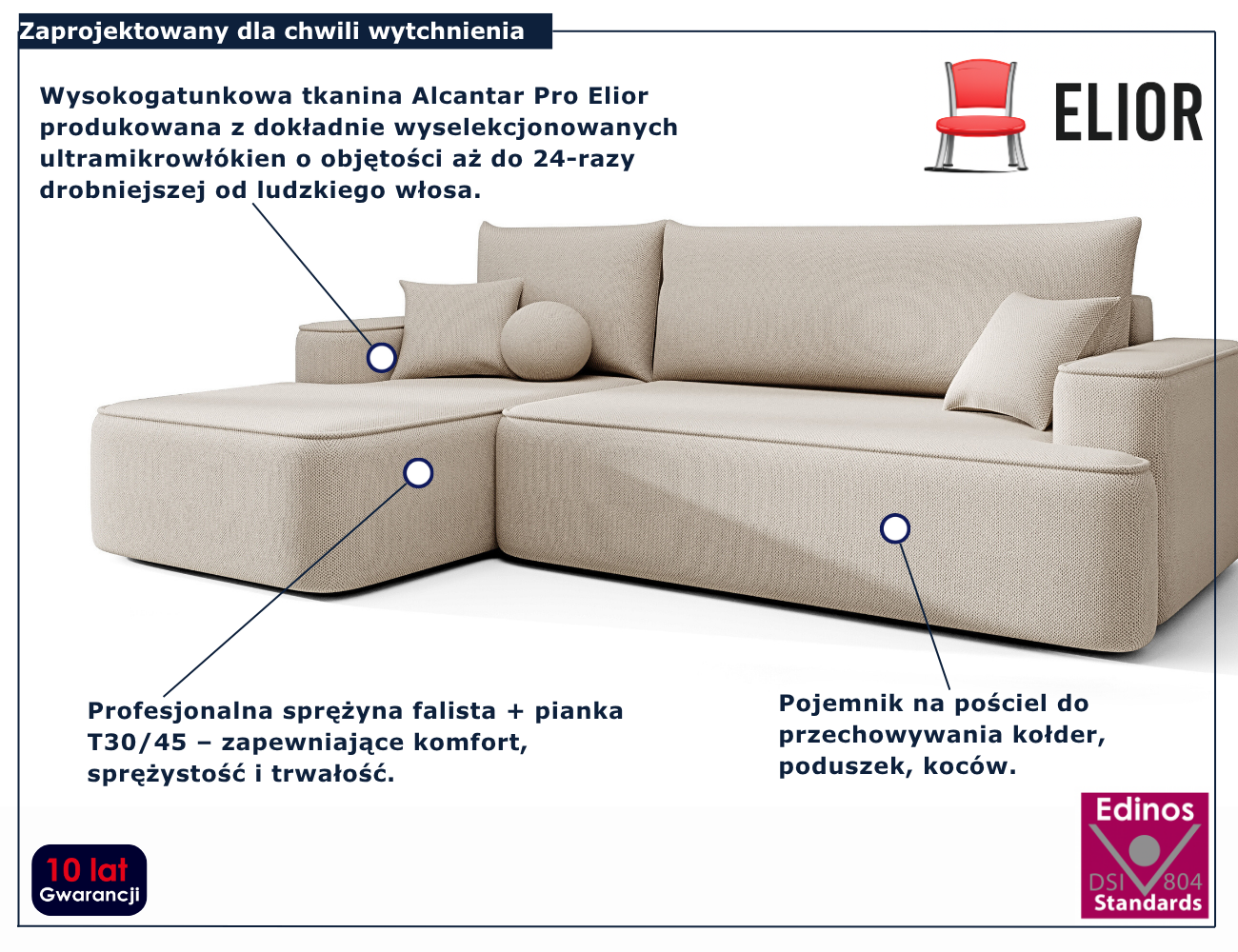 Jasnobeżowy narożnik rozkładany w kształcie litery L Laremo 3X