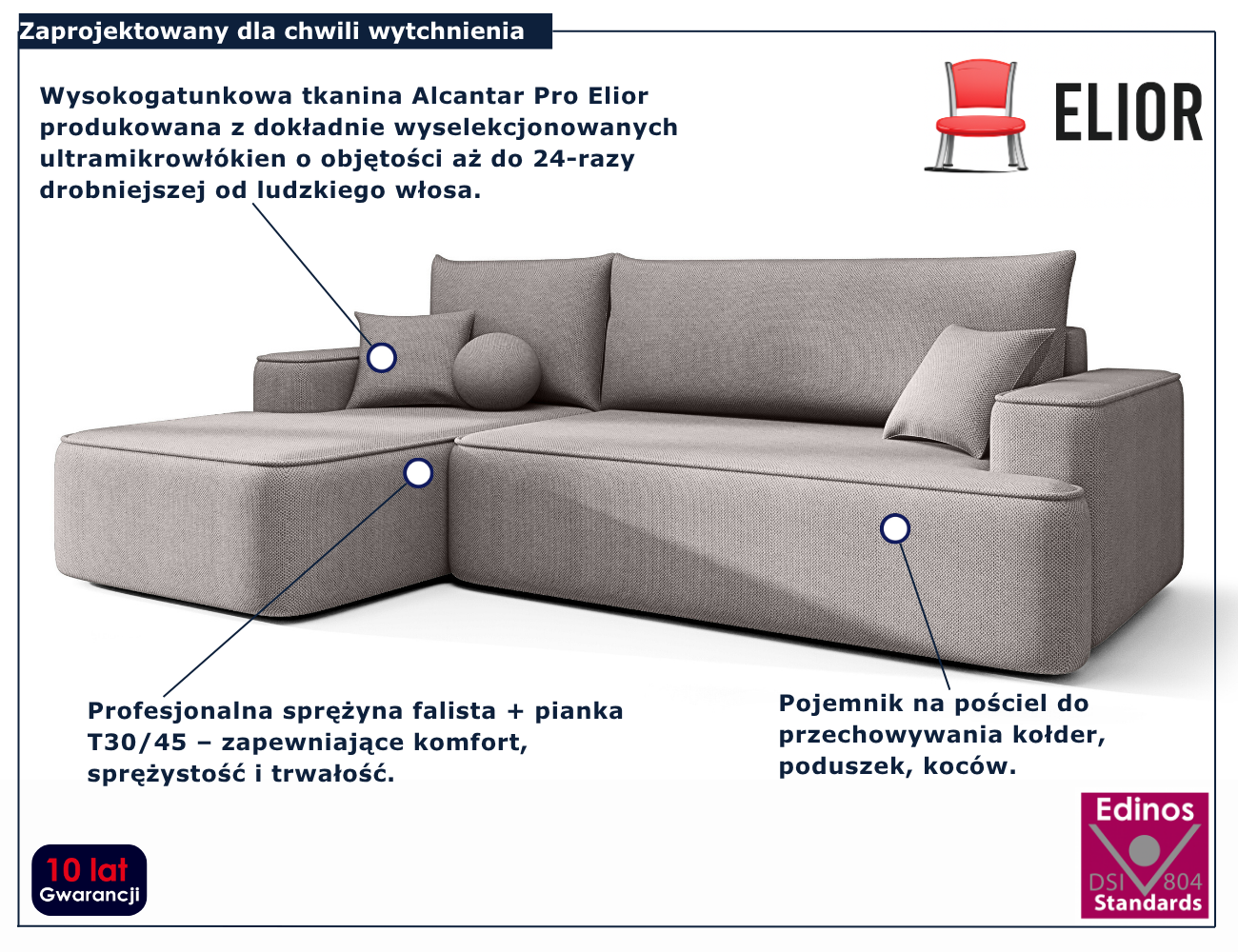 Szary narożnik rozkładany w kształcie litery L Laremo 4X