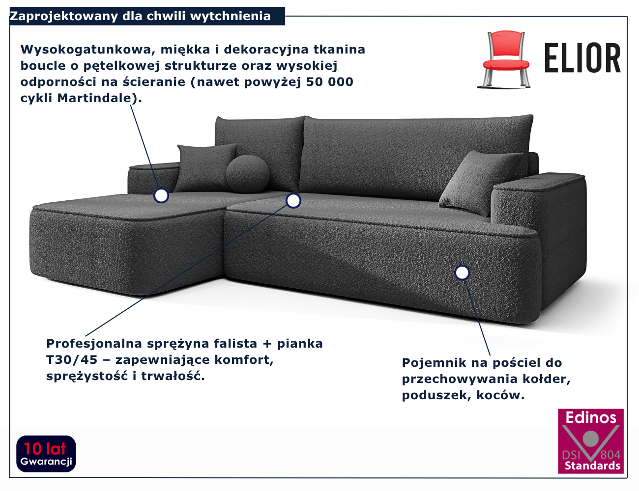 Grafitowy narożnik rozkładany w kształcie litery L Laremo 4X