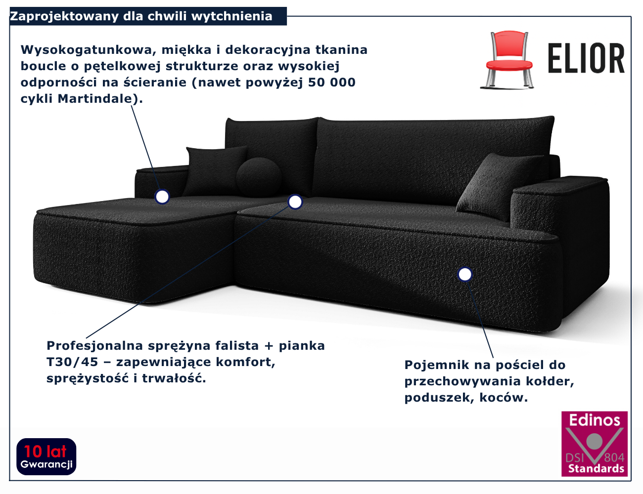 Czarny narożnik rozkładany w kształcie litery L Laremo 4X