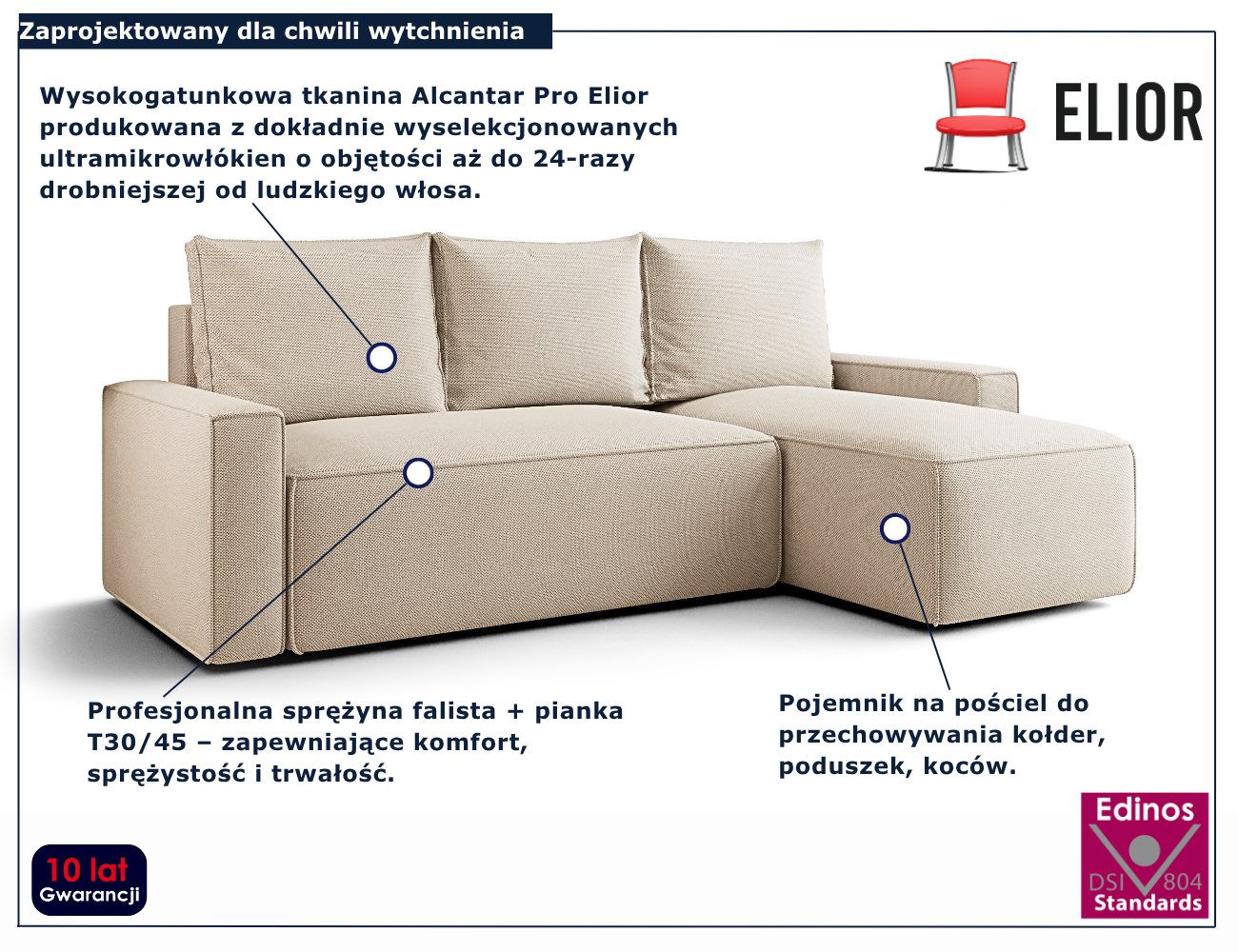 Jasnobeżowy narożnik rozkładany w kształcie litery L Merivio 3X