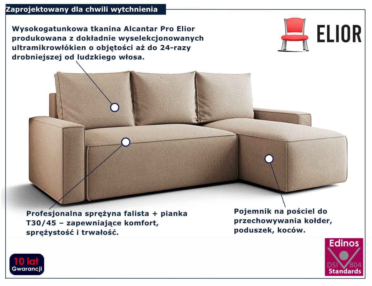 Ciemnobeżowy narożnik rozkładany w kształcie litery L Merivio 3X