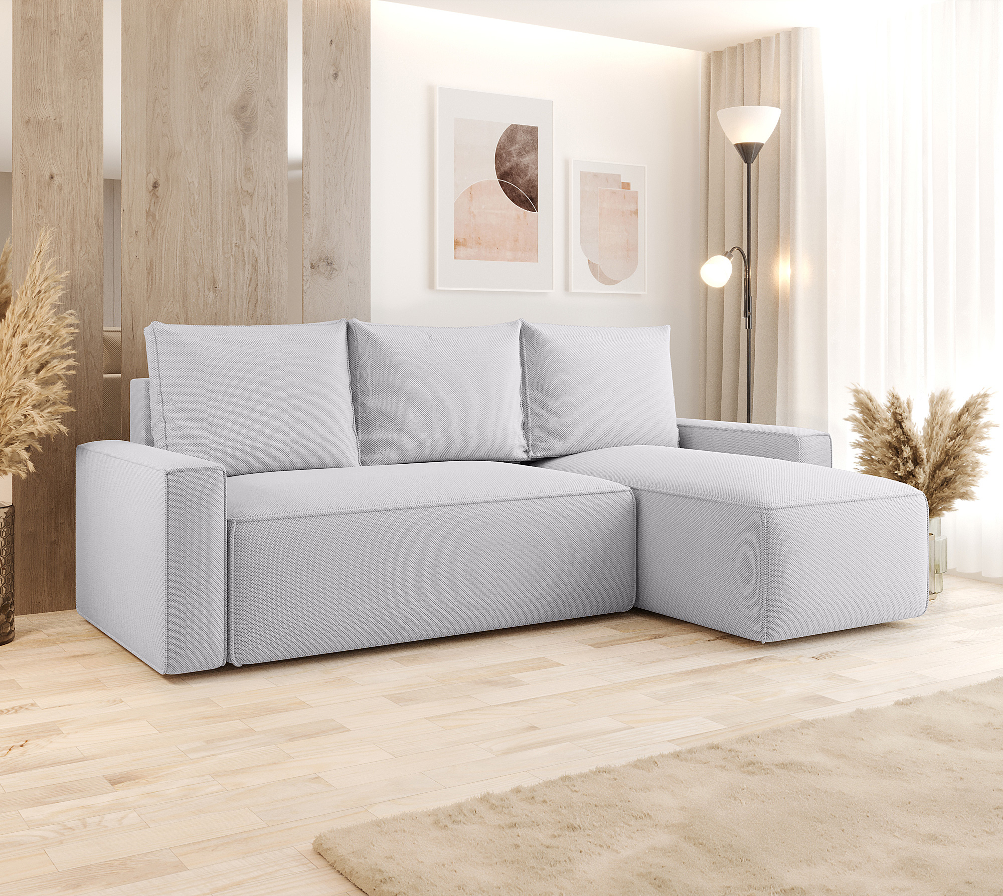 Aranżacja wnętrza z sofą w kolorze jasnoszarym Merivio 3X