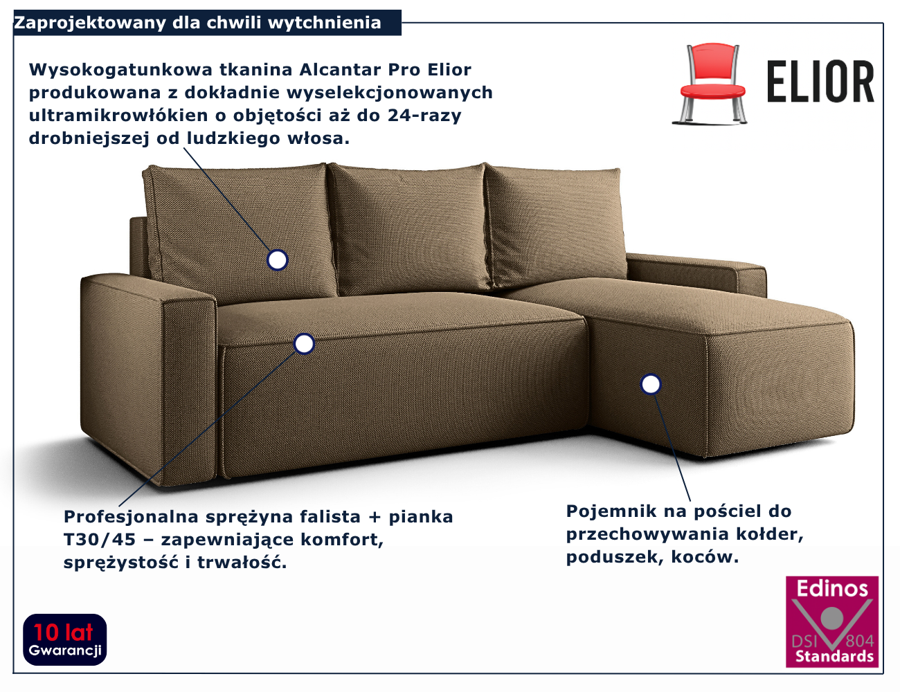 Brązowy narożnik rozkładany w kształcie litery L Merivio 3X