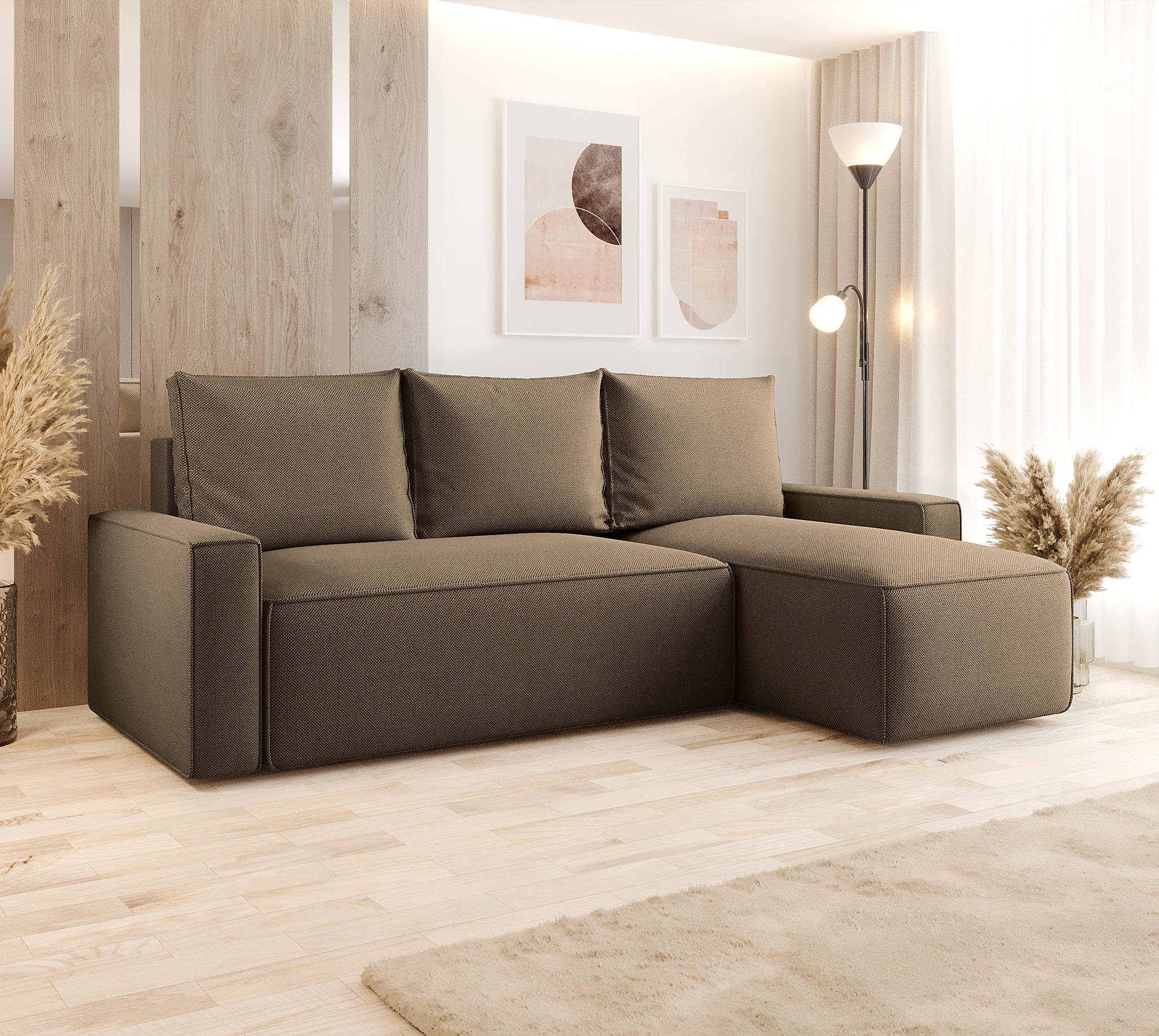 Aranżacja wnętrza z sofą w kolorze brązowym Merivio 3X