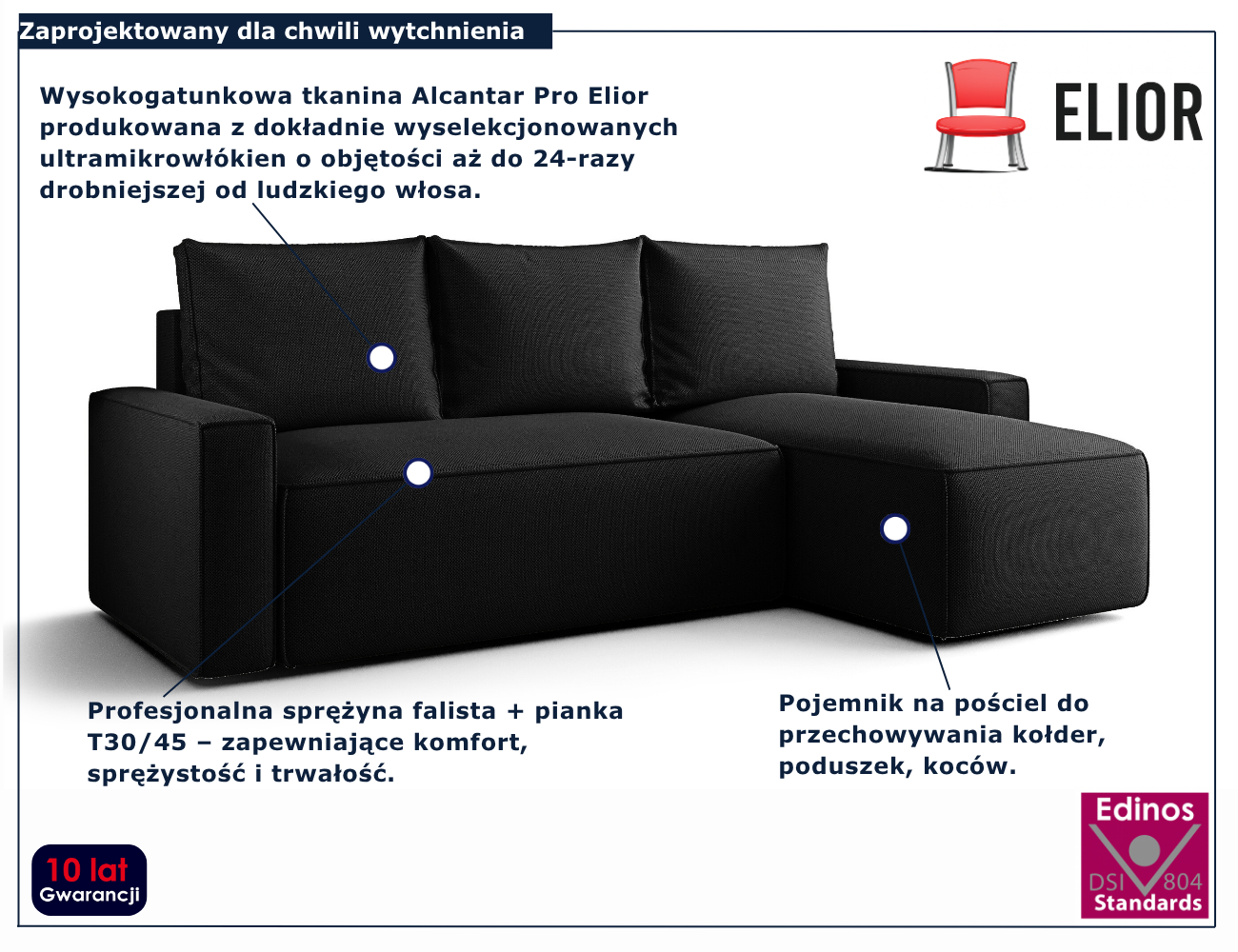 Czarny narożnik rozkładany w kształcie litery L Merivio 3X