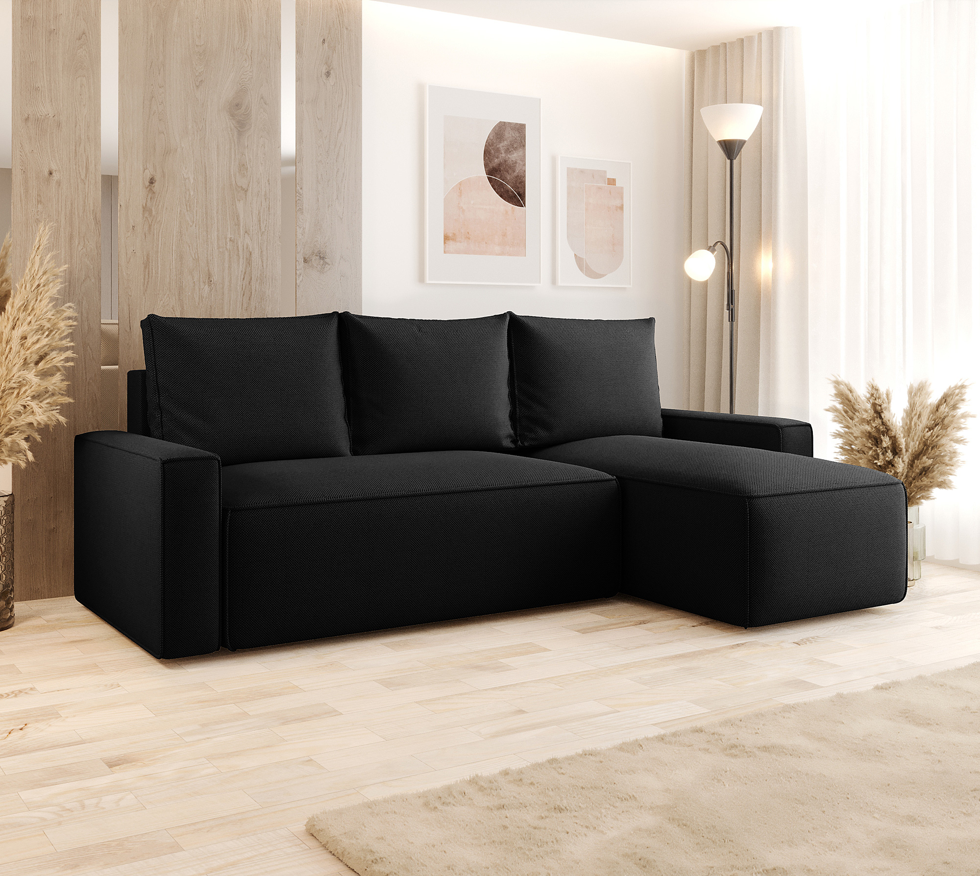 Aranżacja wnętrza z sofą w kolorze czarnym Merivio 3X