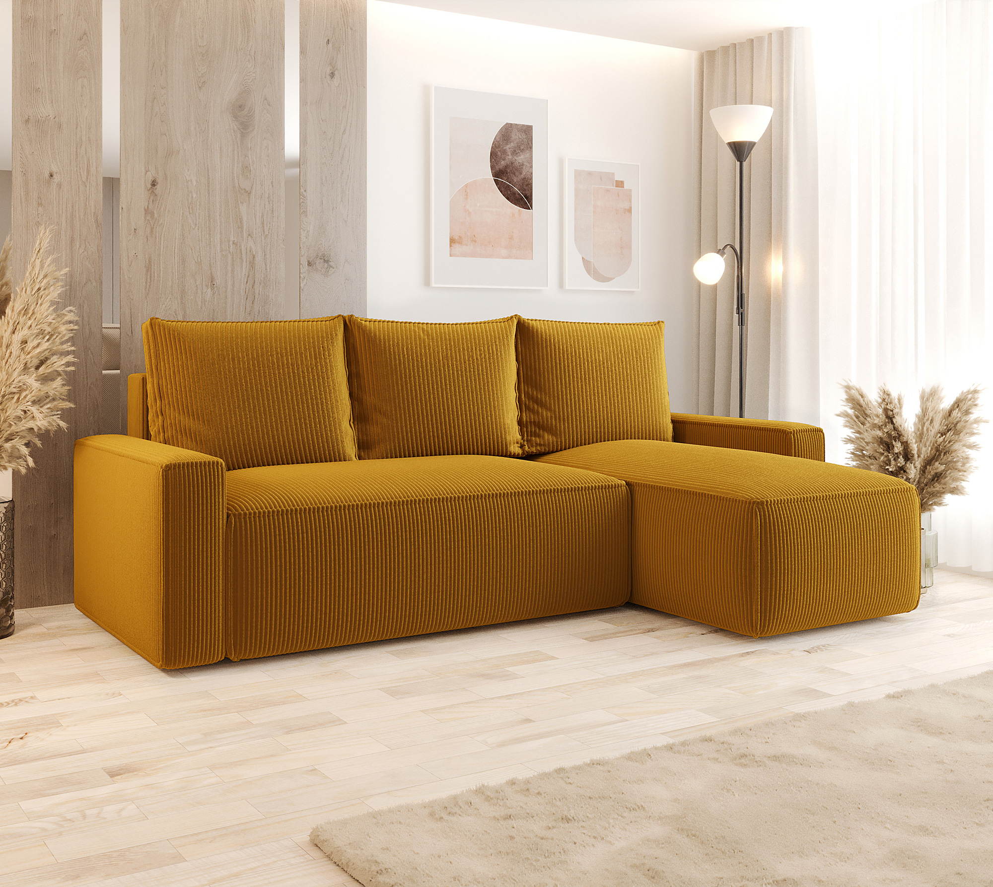 Aranżacja wnętrza z sofą w kolorze żółtym Merivio 4X
