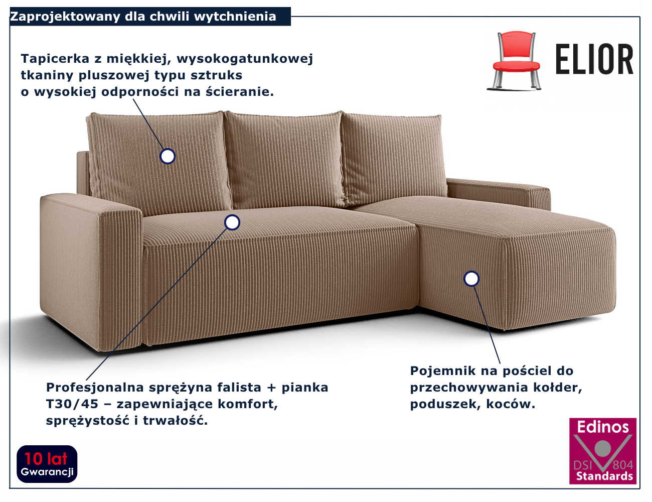 Beżowy narożnik rozkładany w kształcie litery L Merivio 4X