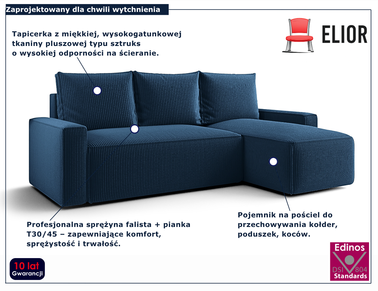 Granatowy narożnik rozkładany w kształcie litery L Merivio 4X