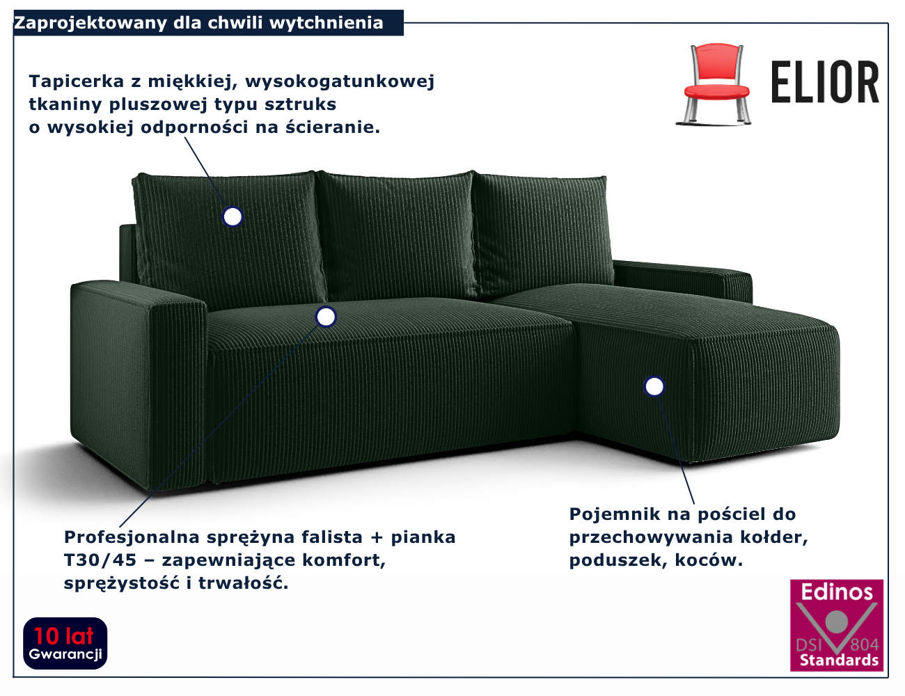 Zielony narożnik rozkładany w kształcie litery L Merivio 4X