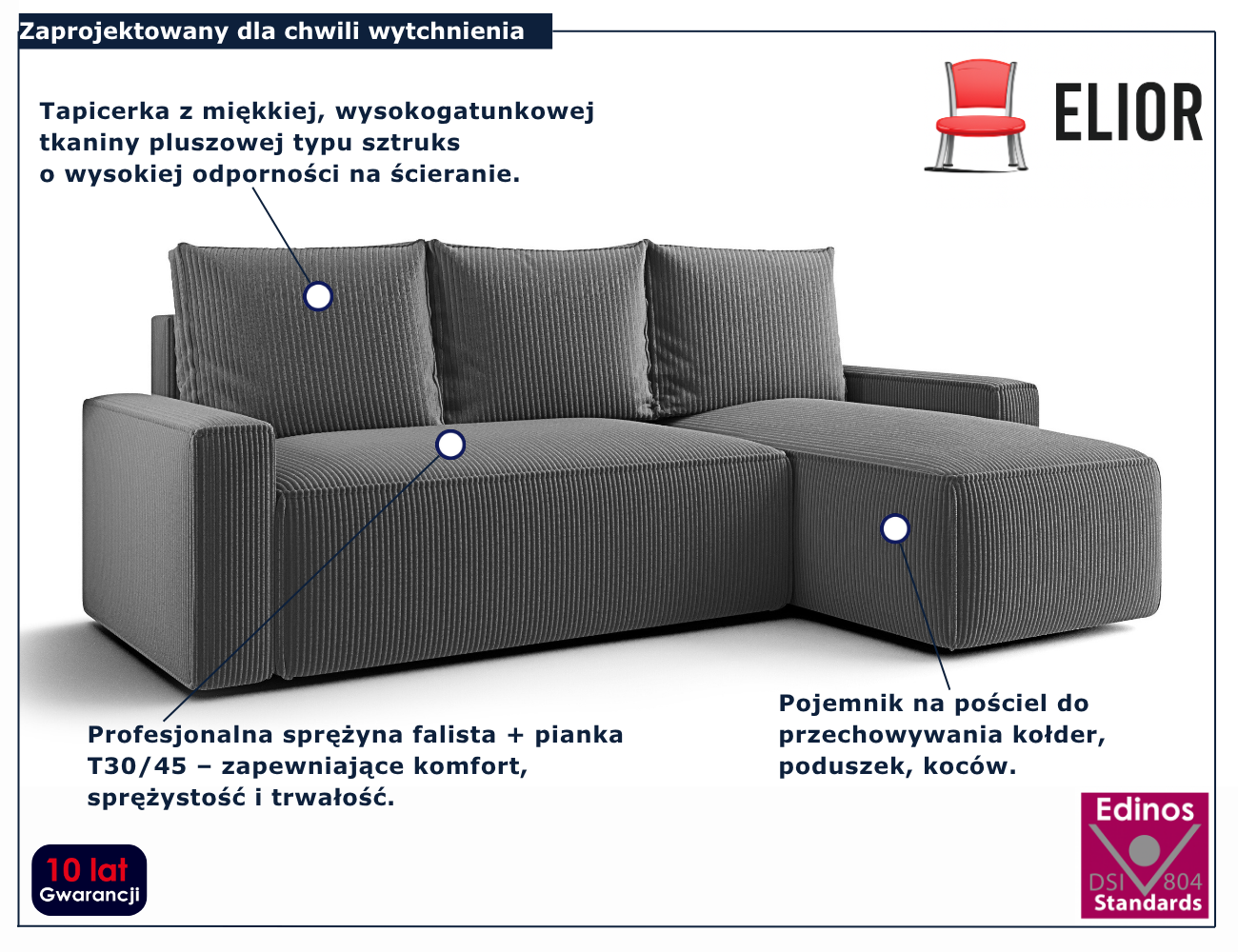 Szary narożnik rozkładany w kształcie litery L Merivio 4X