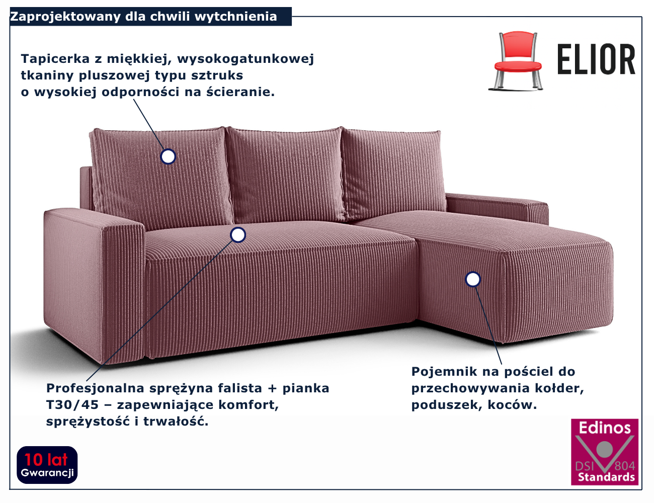 Różowy narożnik rozkładany w kształcie litery L Merivio 4X