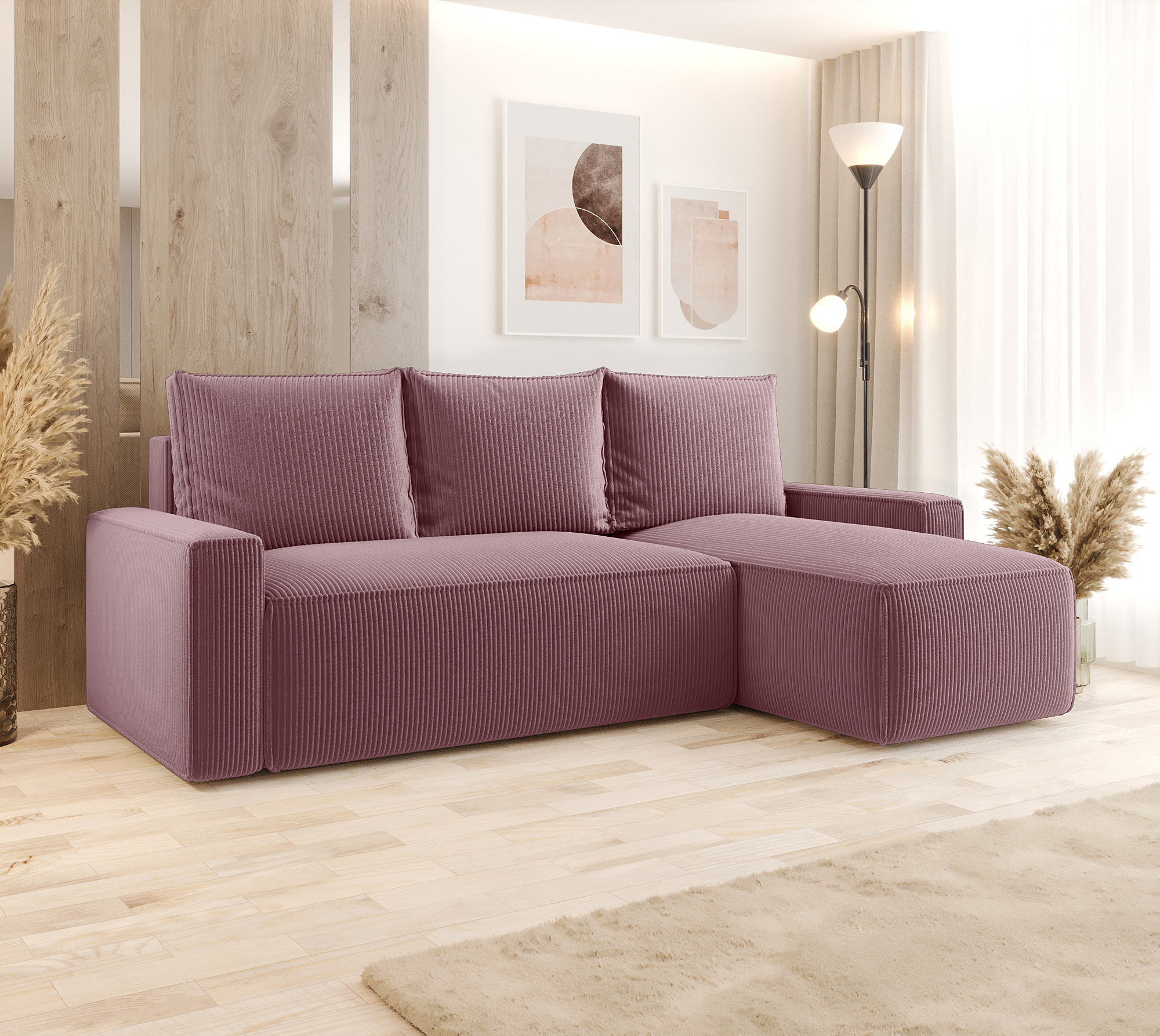 Aranżacja wnętrza z sofą w kolorze różowym Merivio 4X