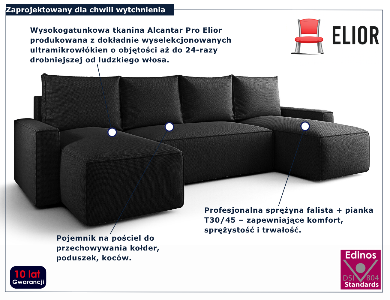 Czarny narożnik rozkładany w kształcie U Meltix 3X