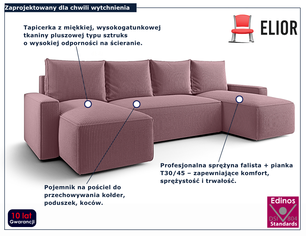 Różowy narożnik rozkładany w kształcie U Meltix 4X