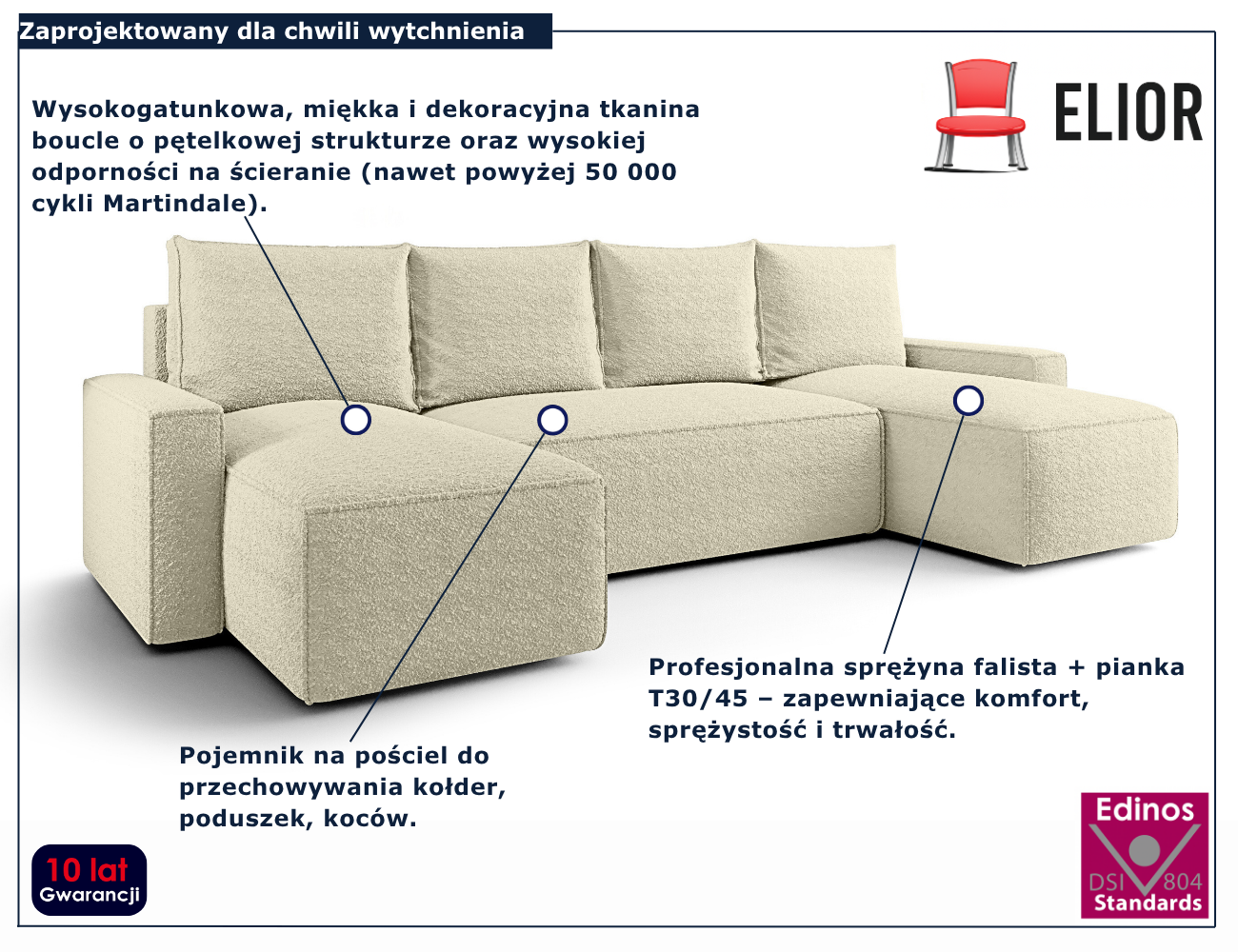 Kremowy narożnik rozkładany w kształcie U Meltix 4X