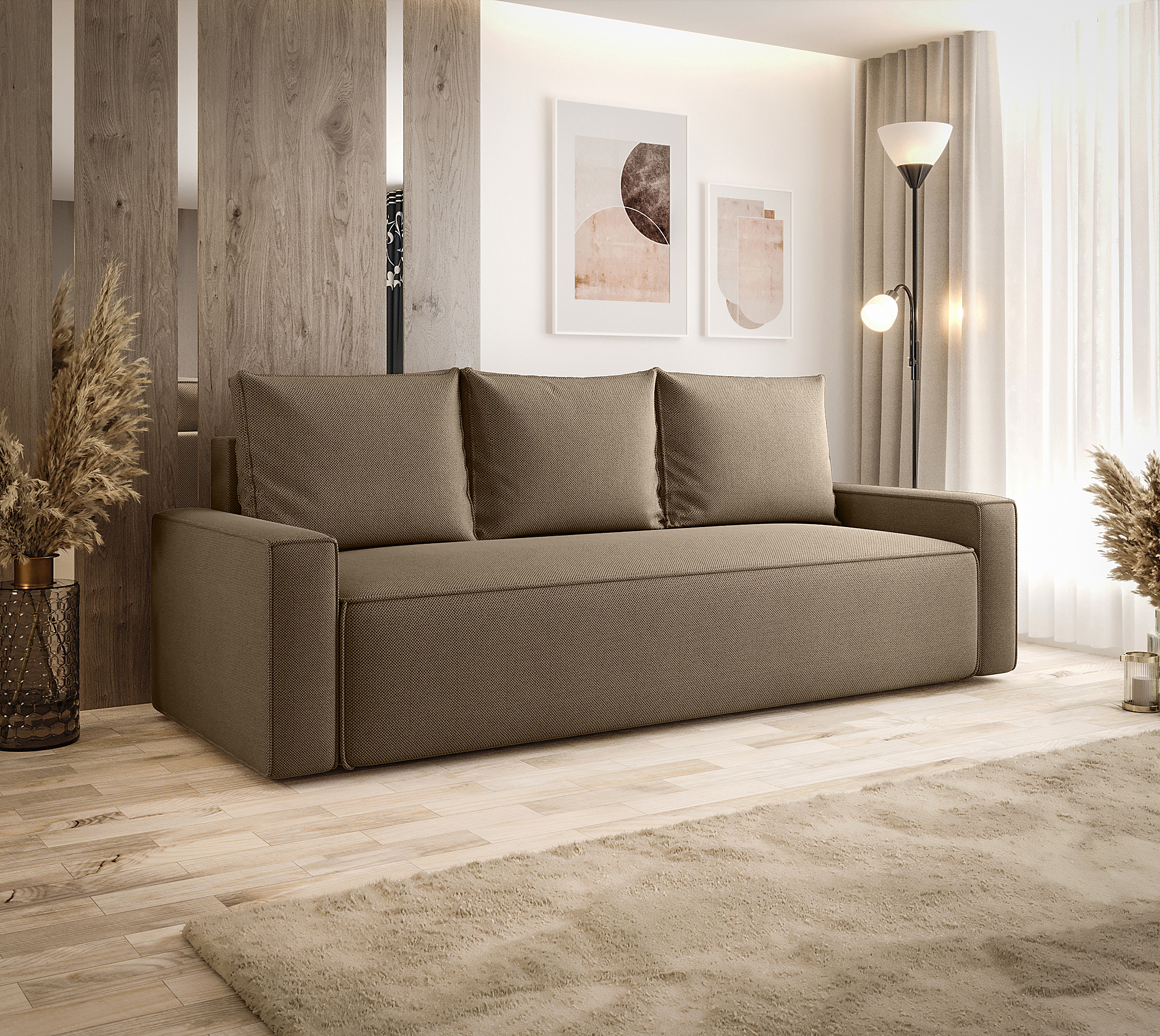 Aranżacja wnętrza z brązowy sofą Solaventi 3X