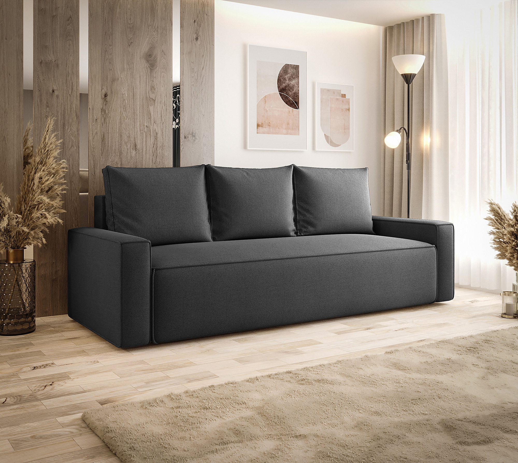 Aranżacja wnętrza z grafitową sofą Solaventi 3X