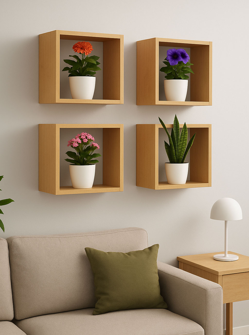 Aranżacja wnętrza z zestawem półek na rośliny Sevios olcha