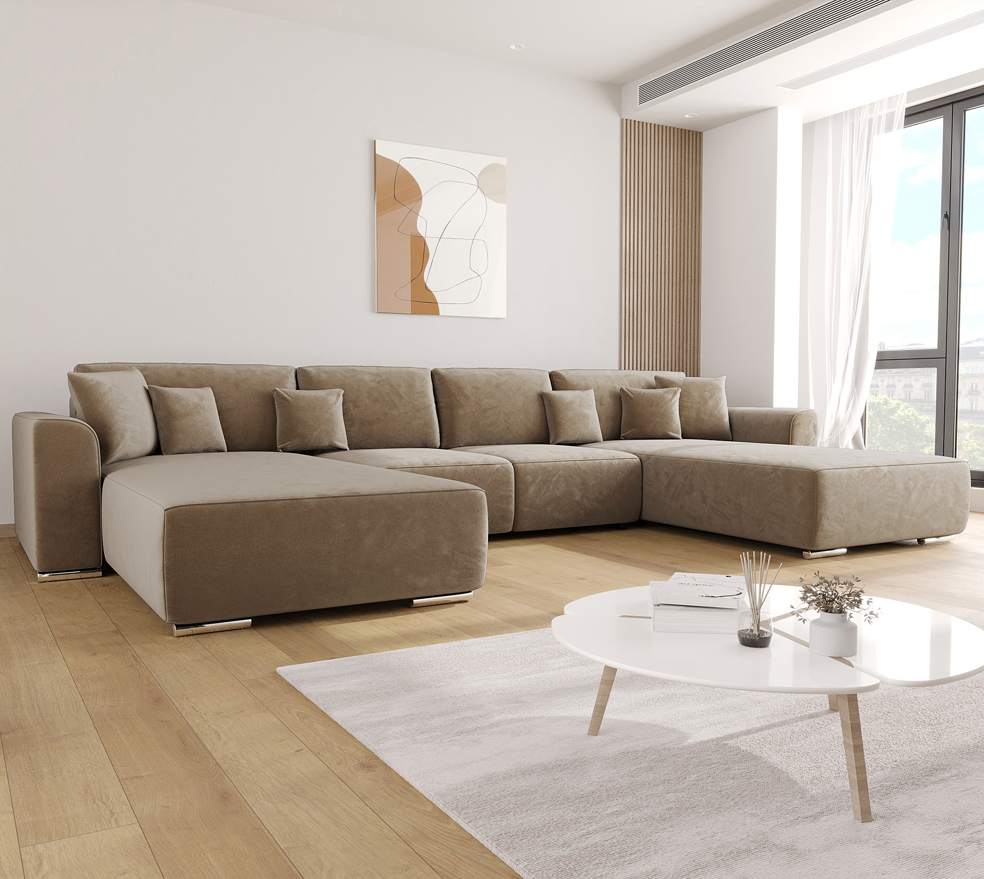 Aranżacja wnętrza z brązowym narożnikiem Cassero