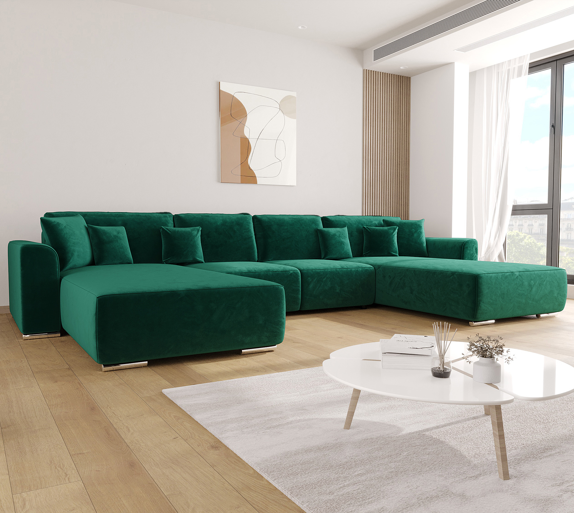 Aranżacja wnętrza z zielonym narożnikiem Cassero