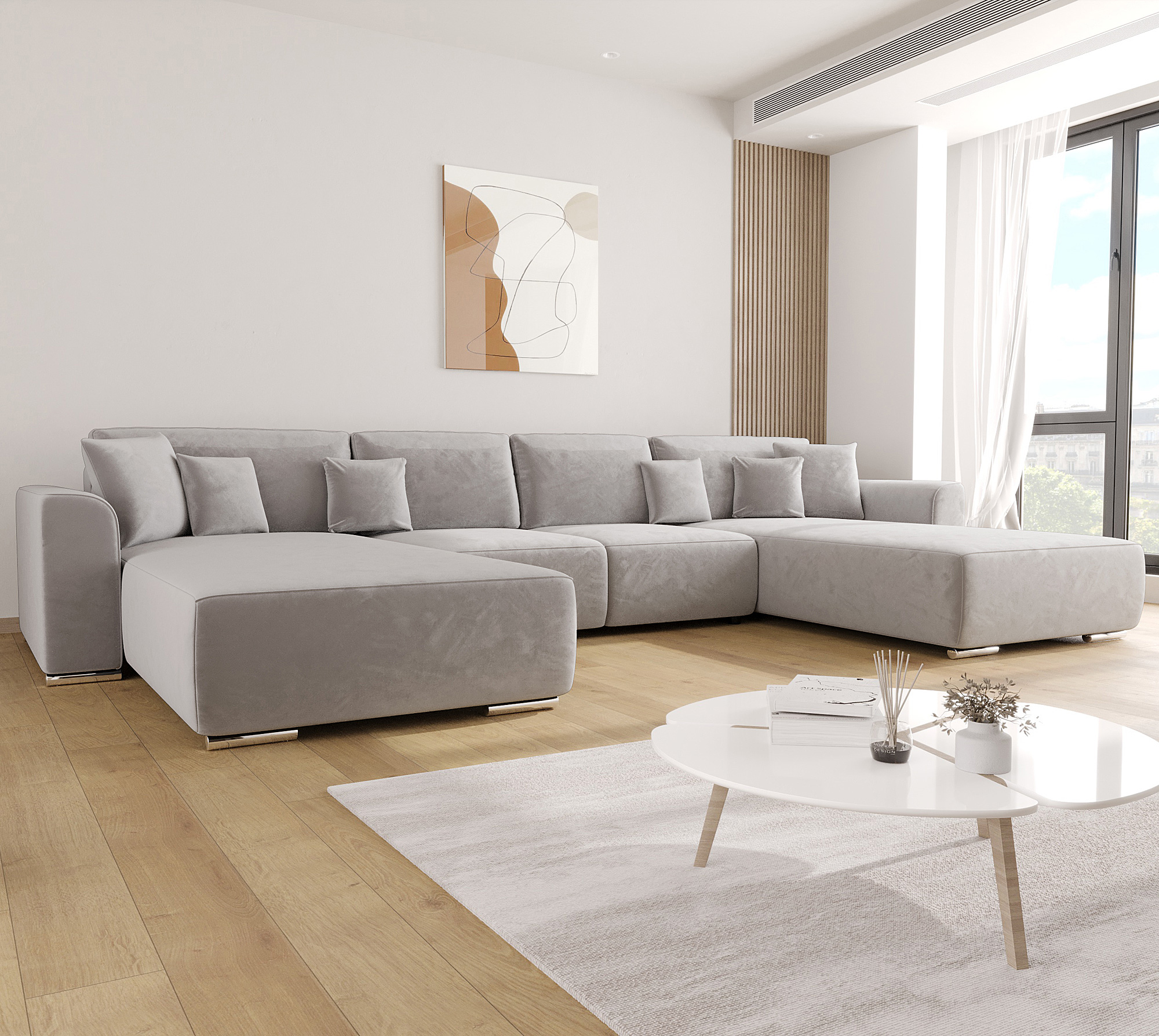 Aranżacja wnętrza z jasnoszarym narożnikiem Cassero