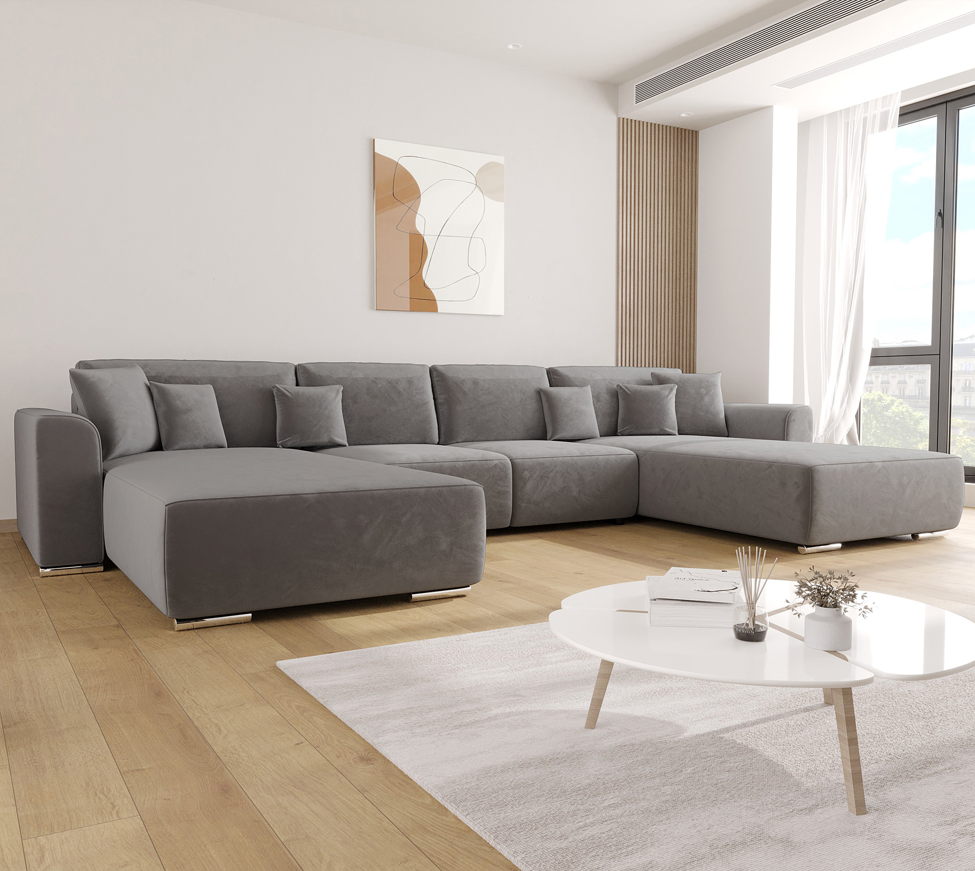 Aranżacja wnętrza z ciemnoszarym narożnikiem Cassero