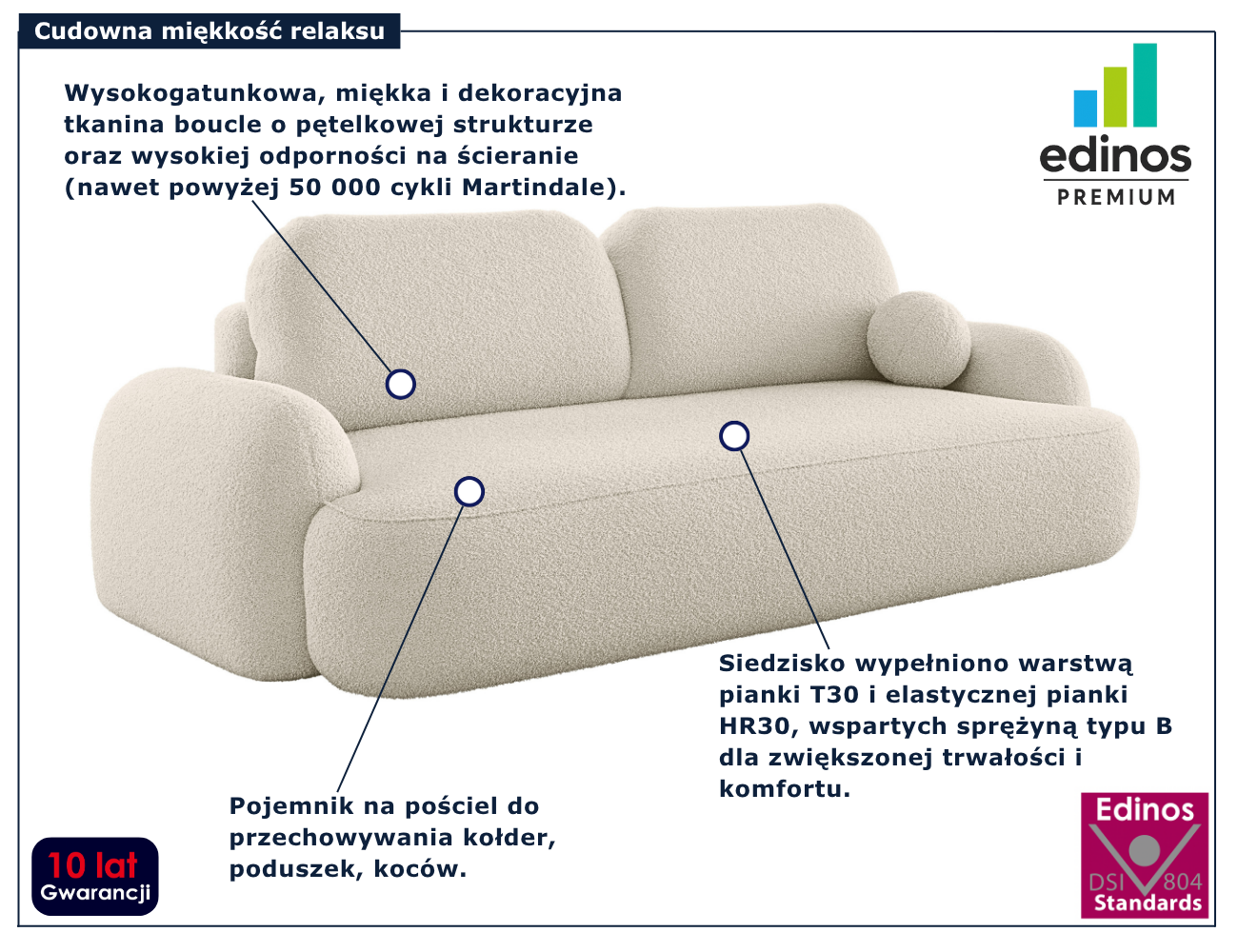 Kremowa nowoczesna sofa rozkładana Lissendo