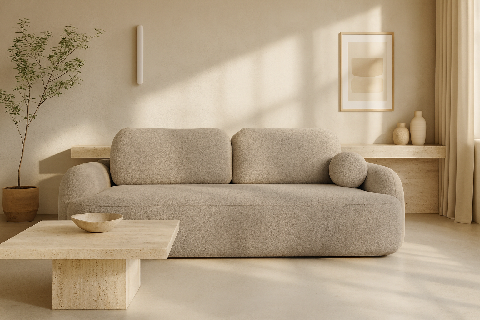 Aranżacja wnętrza z beżową sofą Lissendo