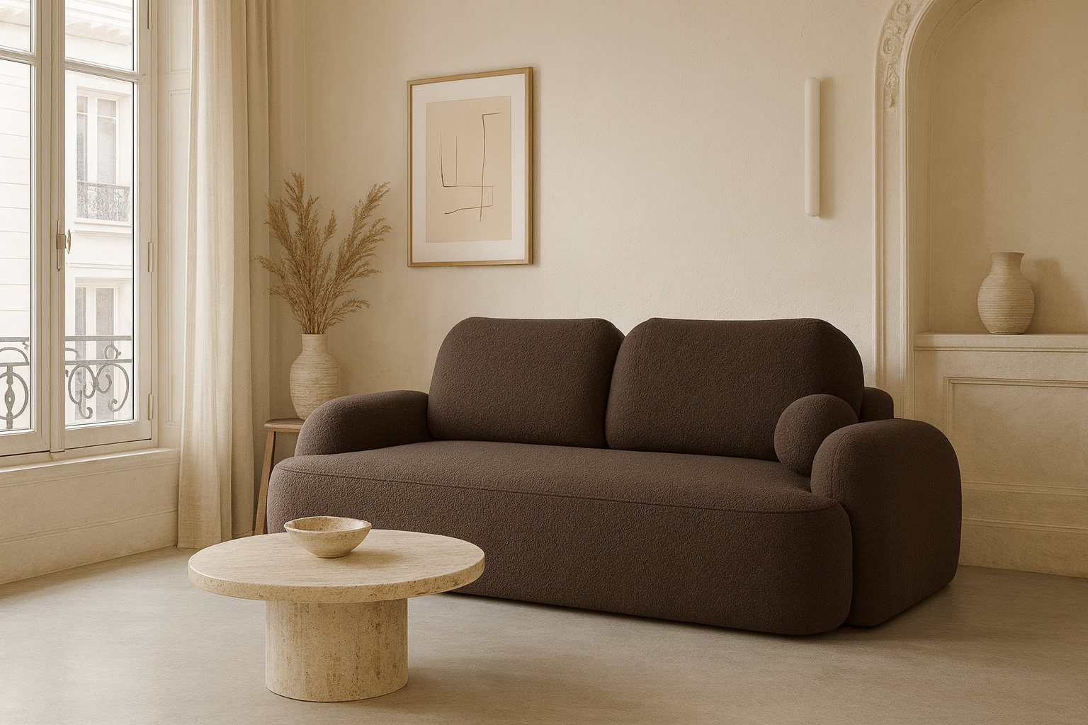 Aranżacja wnętrza z brązową sofą Lissendo