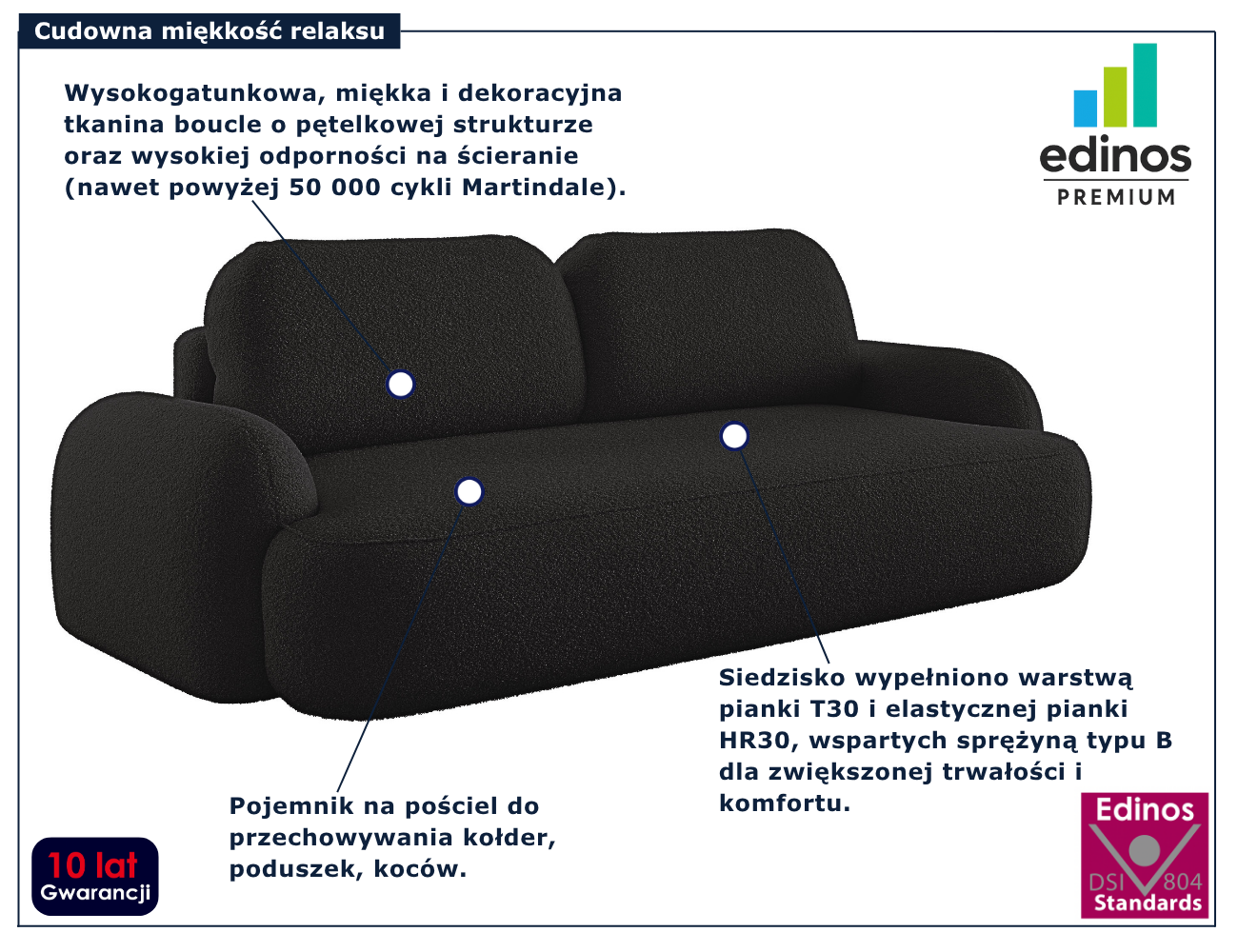Czarna nowoczesna sofa rozkładana Lissendo