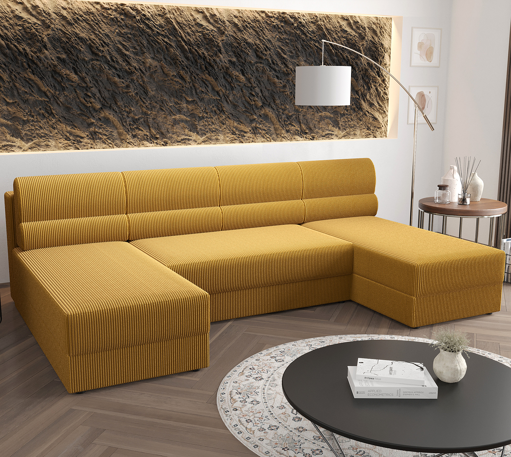 Aranżacja wnętrza z żółtą sofą narożną Torvesso