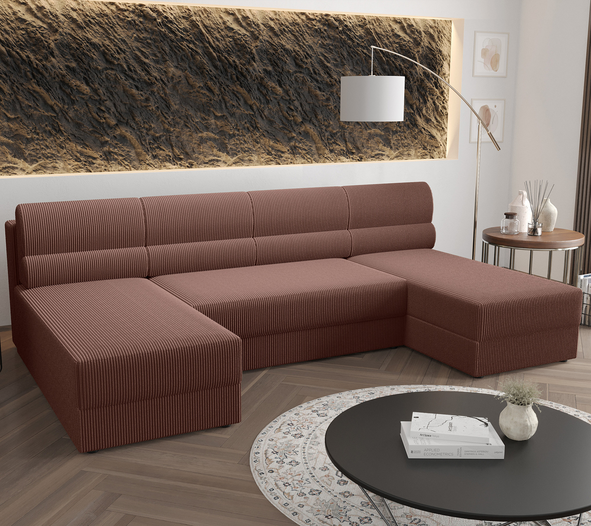 Aranżacja wnętrza z różowy sofą narożną Torvesso