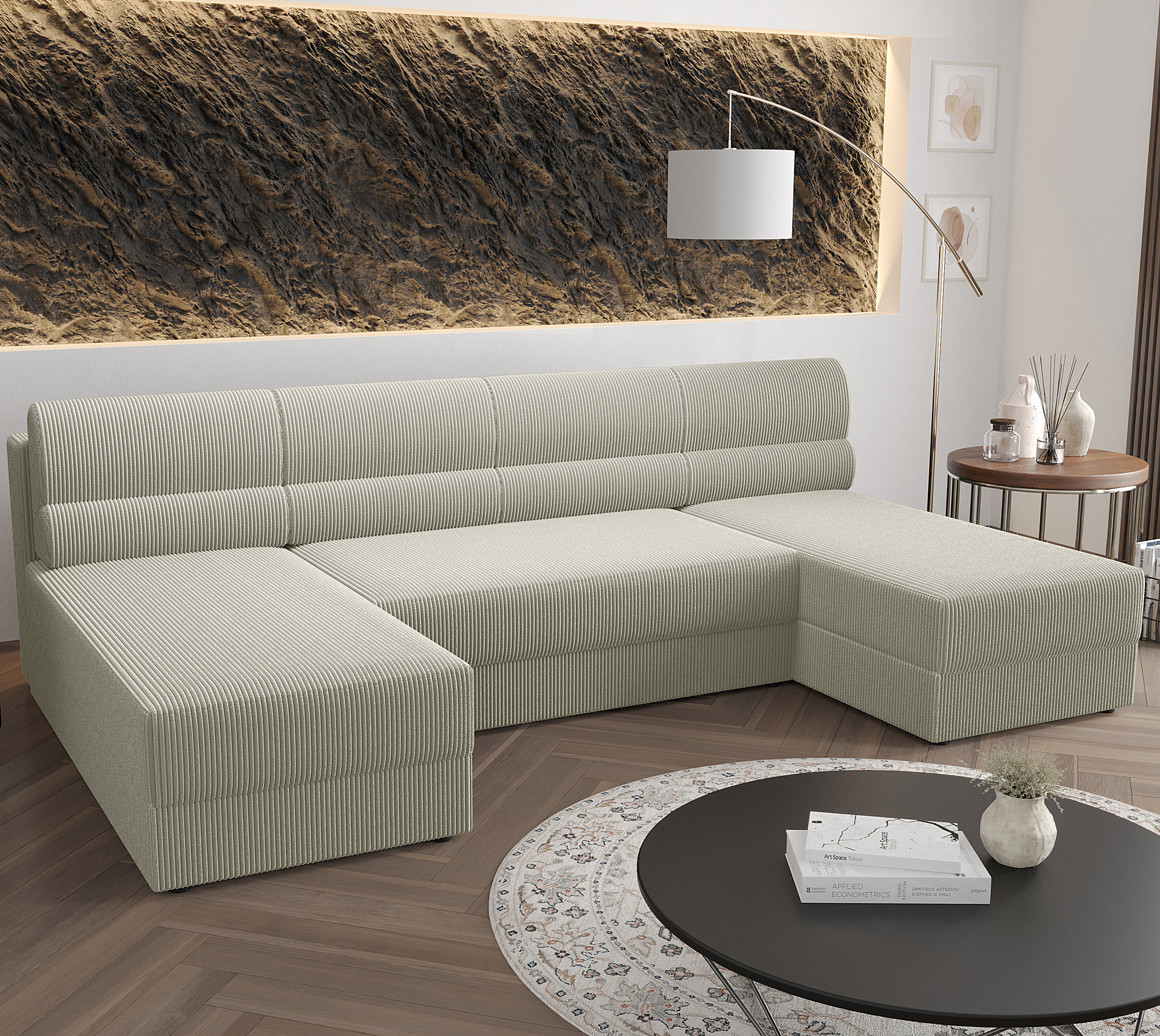 Aranżacja wnętrza z jasnoszarą sofą narożną Torvesso