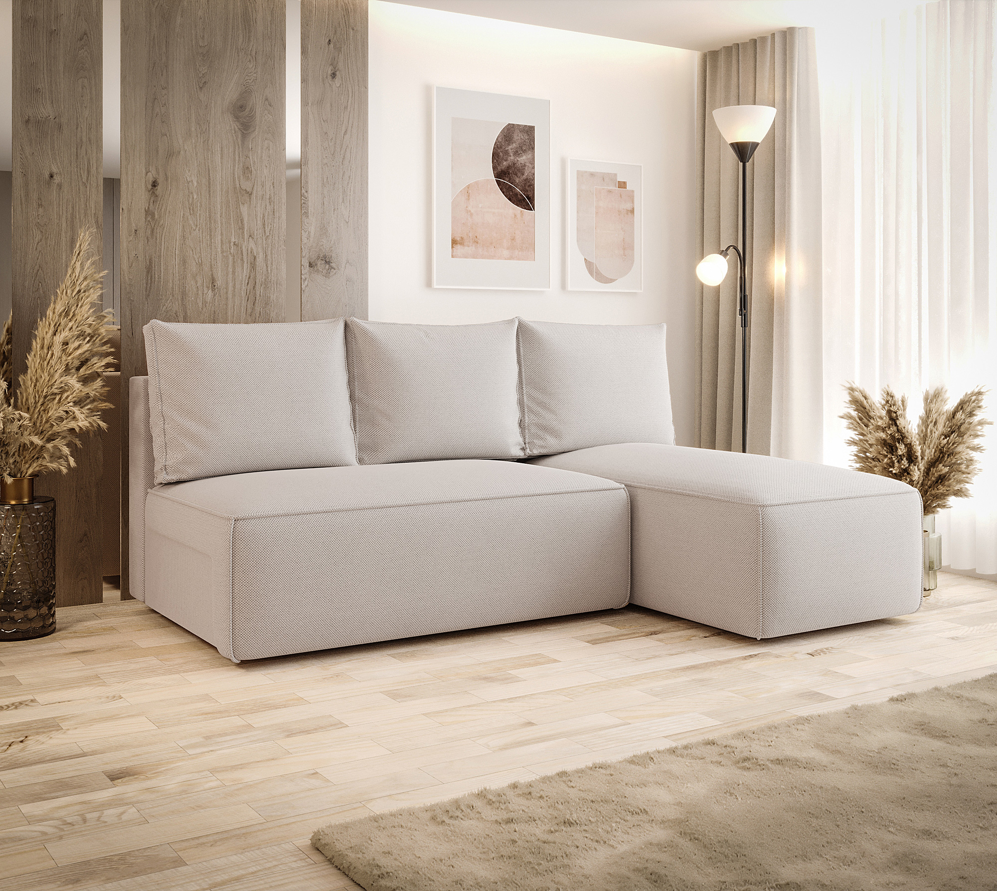 Aranżacja wnętrza z kremową sofą narożną Merello 3X