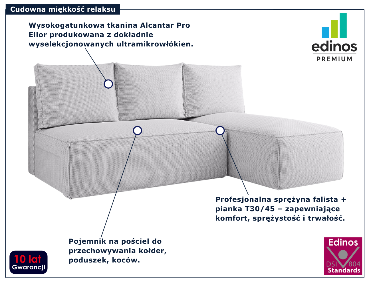 Jasnoszara nowoczesna sofa rozkładana Merello 3X