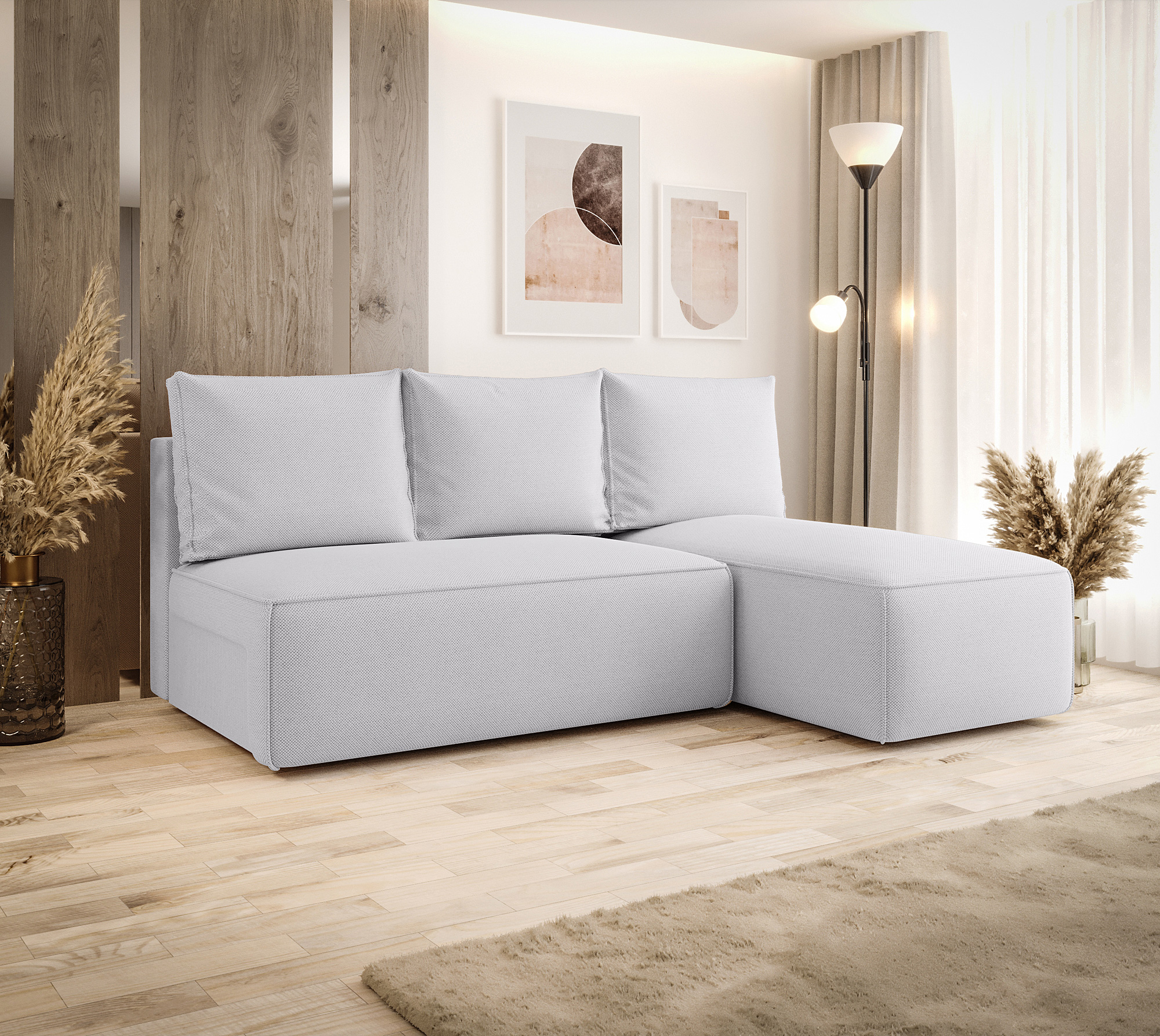 Aranżacja wnętrza z jasnoszarą sofą narożną Merello 3X