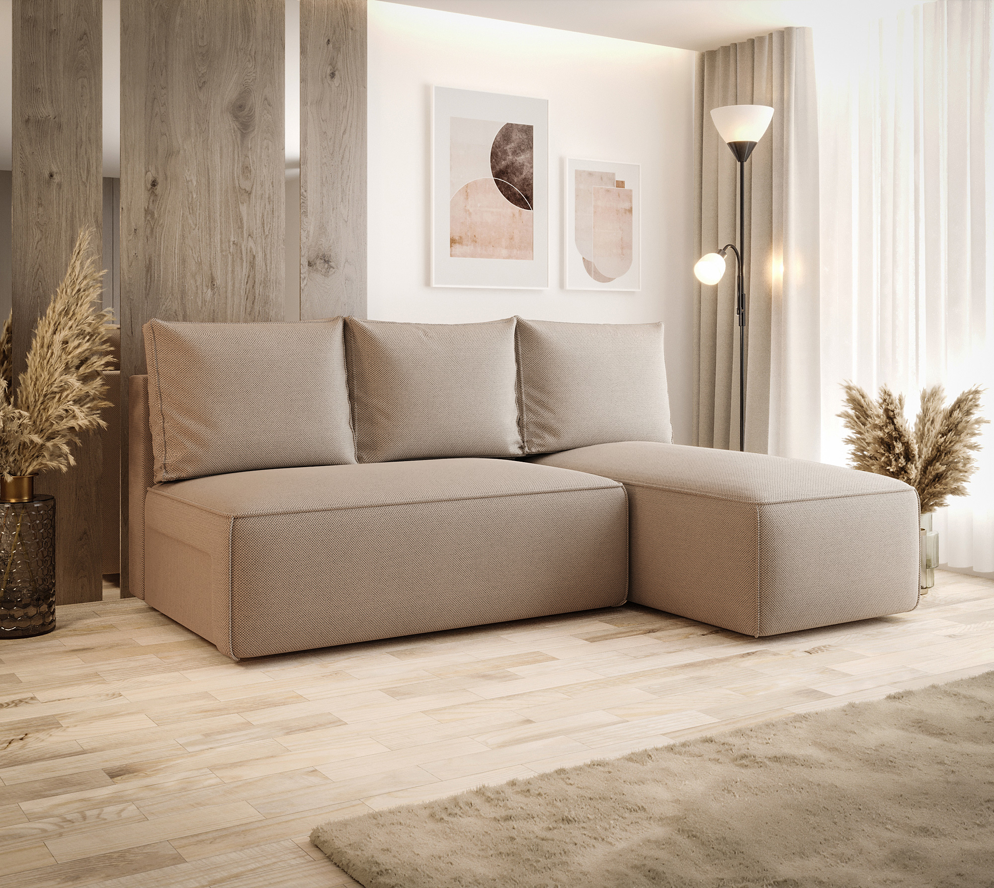 Aranżacja wnętrza z ciemnobeżową sofą narożną Merello 3X